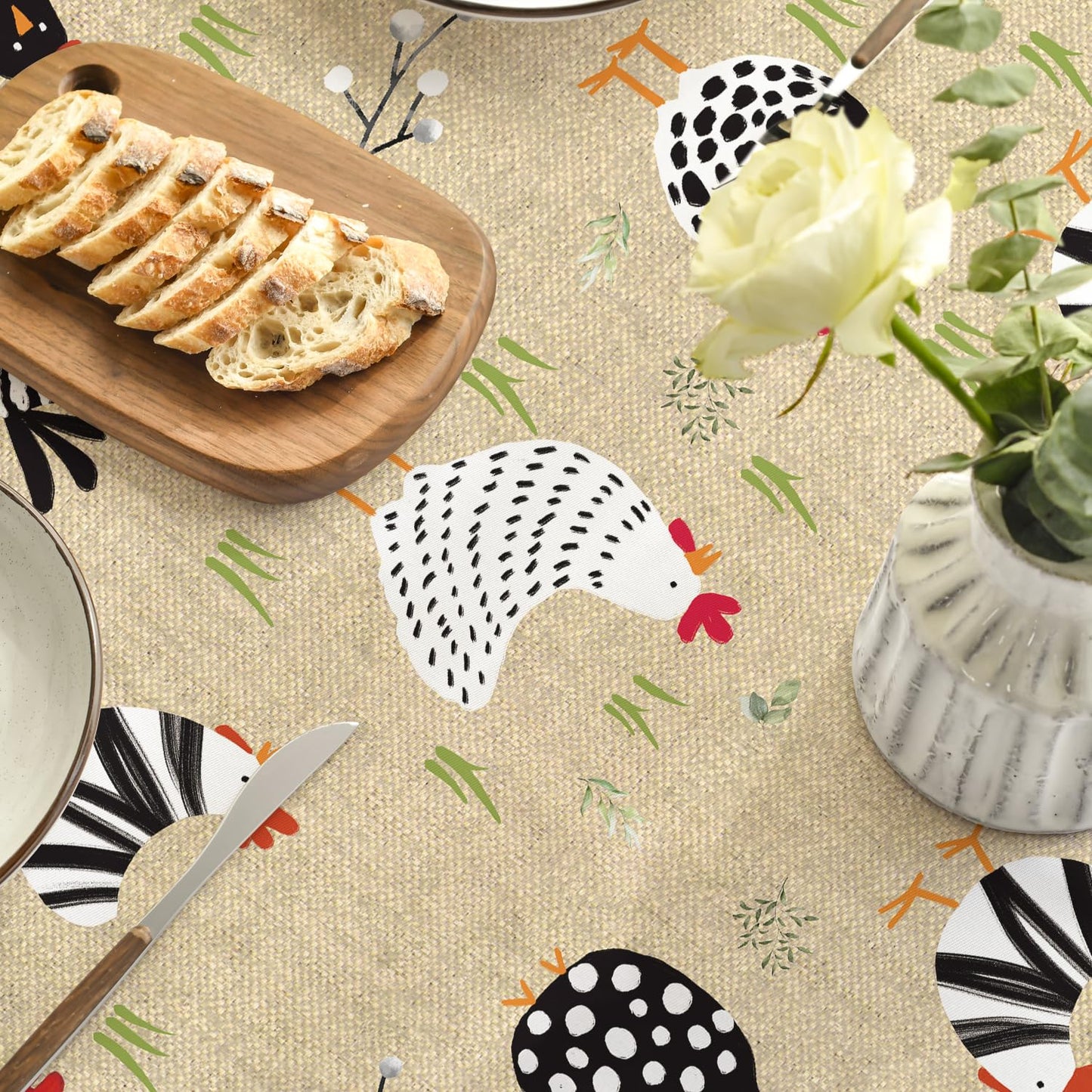 Horaldaily Rooster Rustic Country Tablecloth 70×70 Inch Round, Rooster Flax Washable Seasonal Table Cover for Party Picnic Dinner Decor