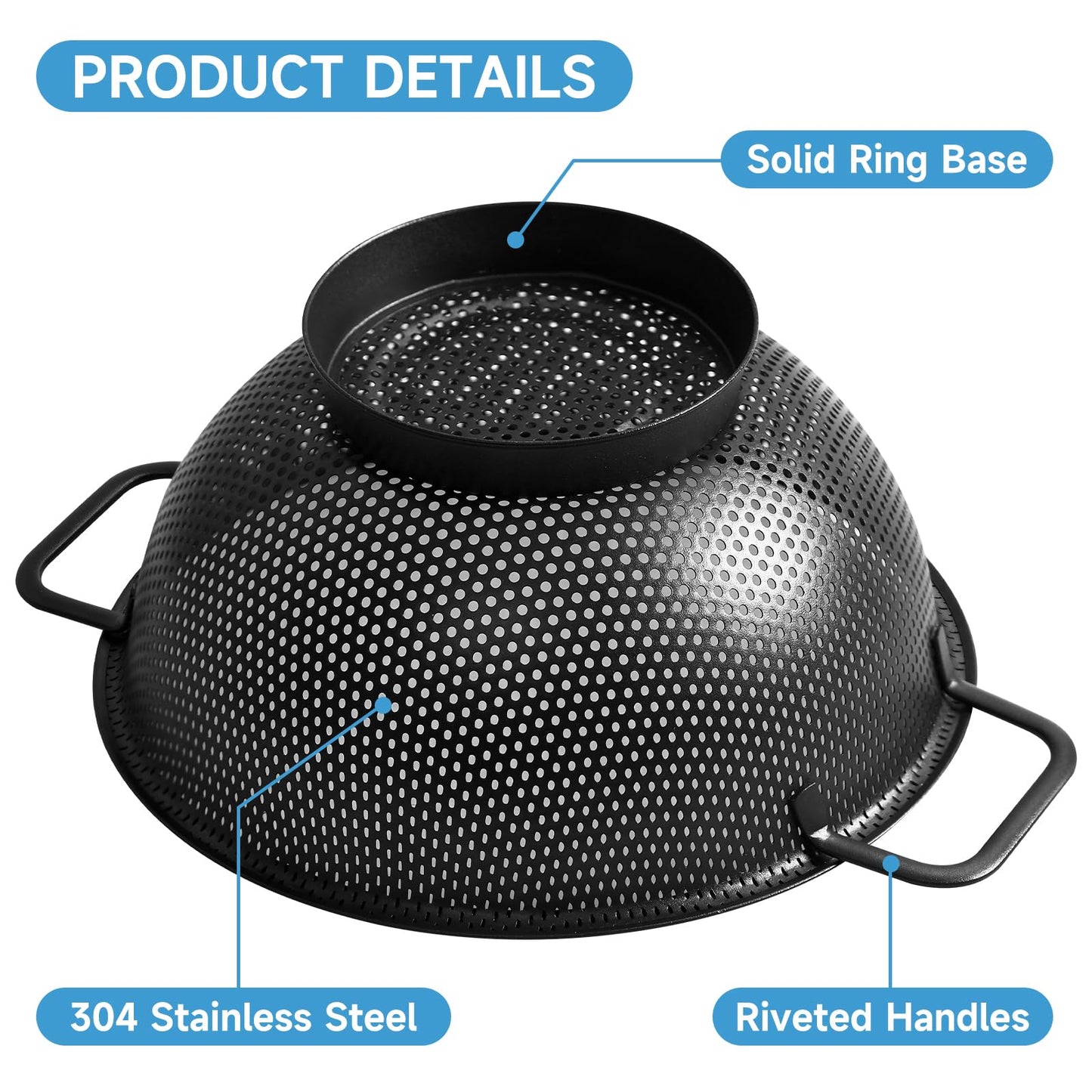 Black Colander for Kitchen, 3QT, Stainless Steel Pasta Strainer with Handle, Pasta Strainer for Fruits Vegetables Cooking Food, Dishwasher Safe