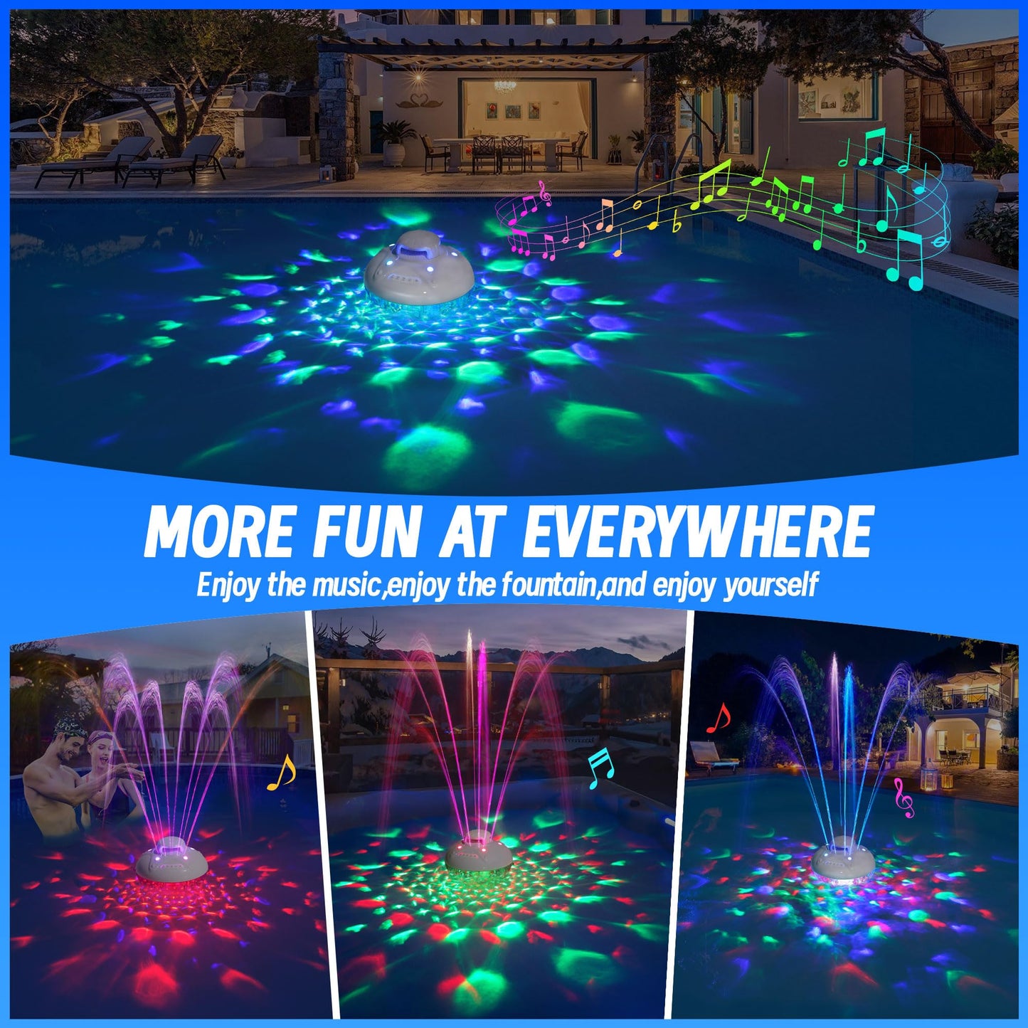 KingSom 3 in 1 Bluetooth Pool Speaker with Pool Fountain Light, 10000mAh Floating Pool Speaker, IP68 Waterproof Hot Tub Speakers, Loud Sound, BT5.4,24H Playtime Rechargeable pool Water Fountain, White