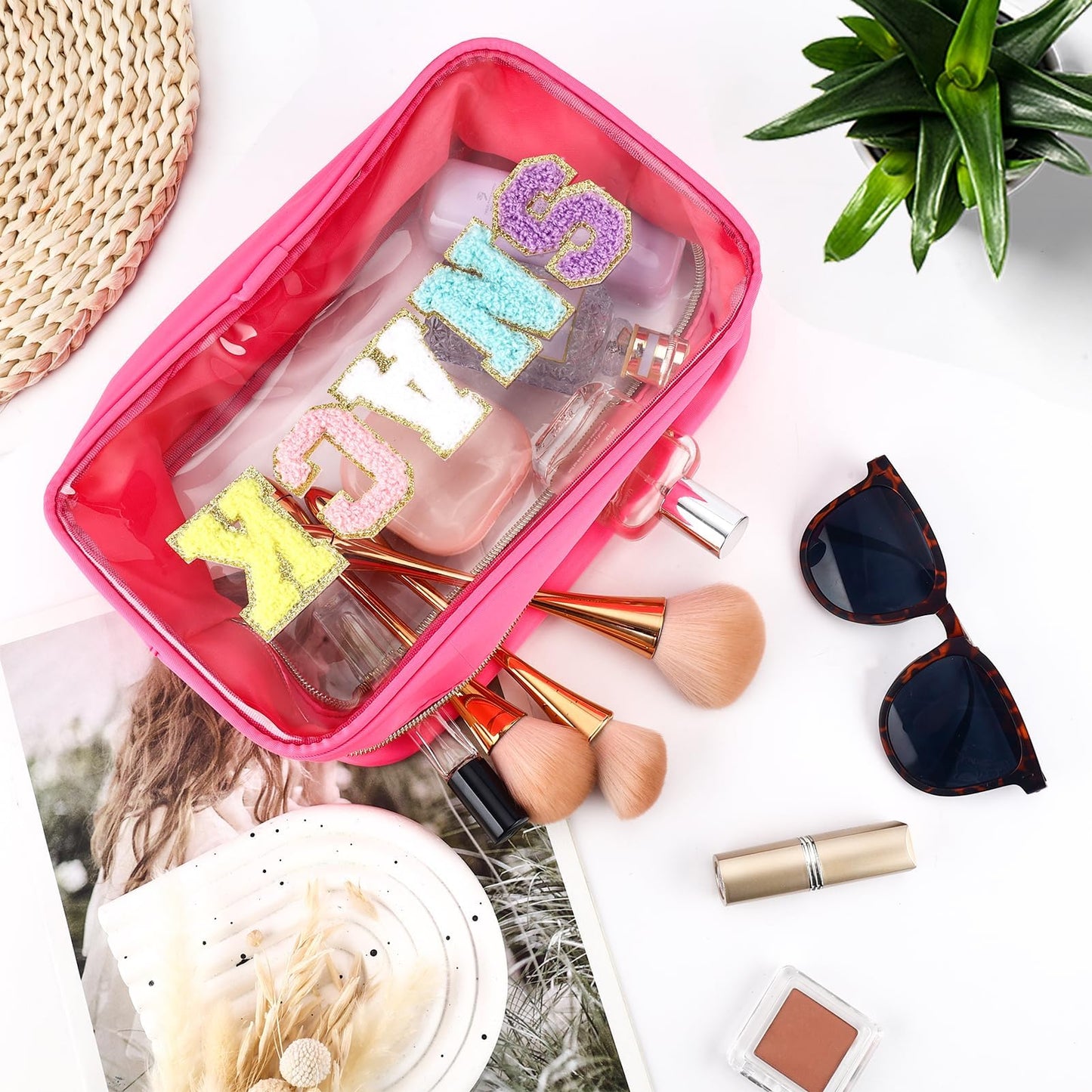 URSKYTOUS Chenille Letter Clear Makeup Bag Large Travel Preppy Patch Snack Cosmetic Bag with Zipper Cute Makeup Pouch Transparent PVC Waterproof Toiletry Organizer Storage for Women Girls (Hot Pink)