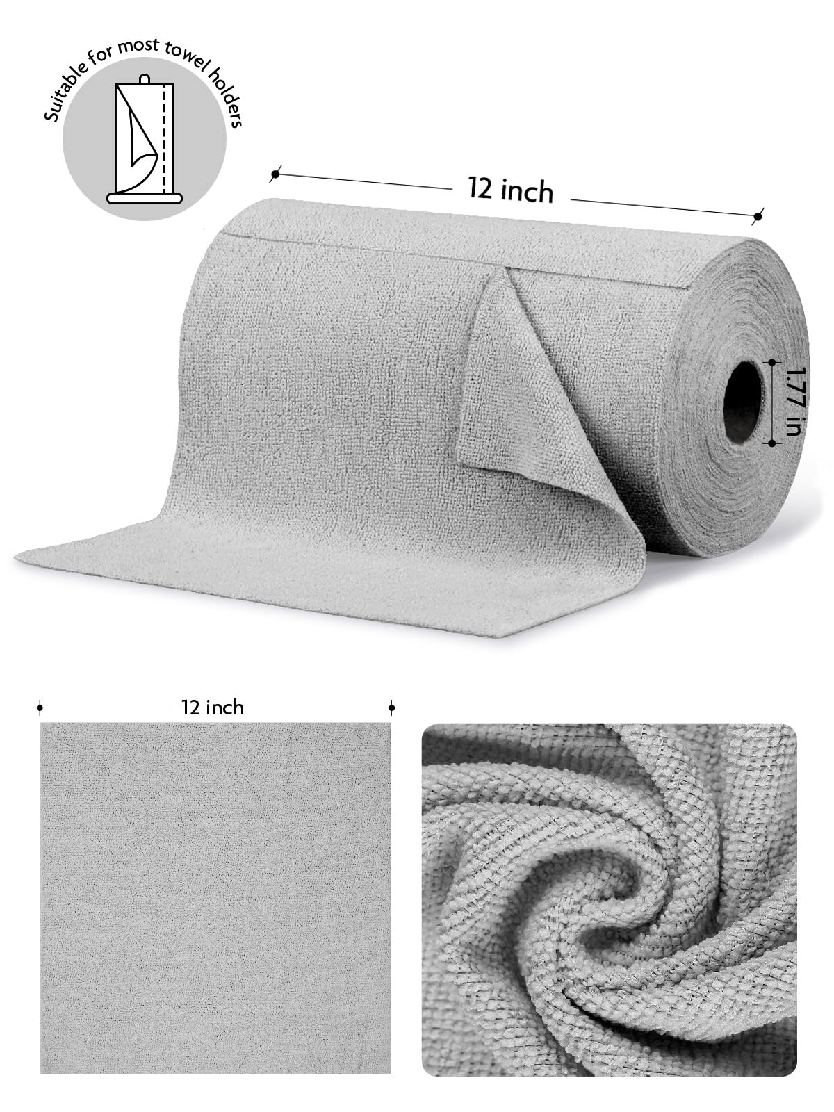 Fantasticlean Microfiber Cleaning Cloth Roll -75 Pack, Tear Away Microfiber Towels, 12" x 12", Reusable, Washable, Scratch Free, Ultra Absorbent Dish Rags for Car, Home, Garage or Shop (Grey)