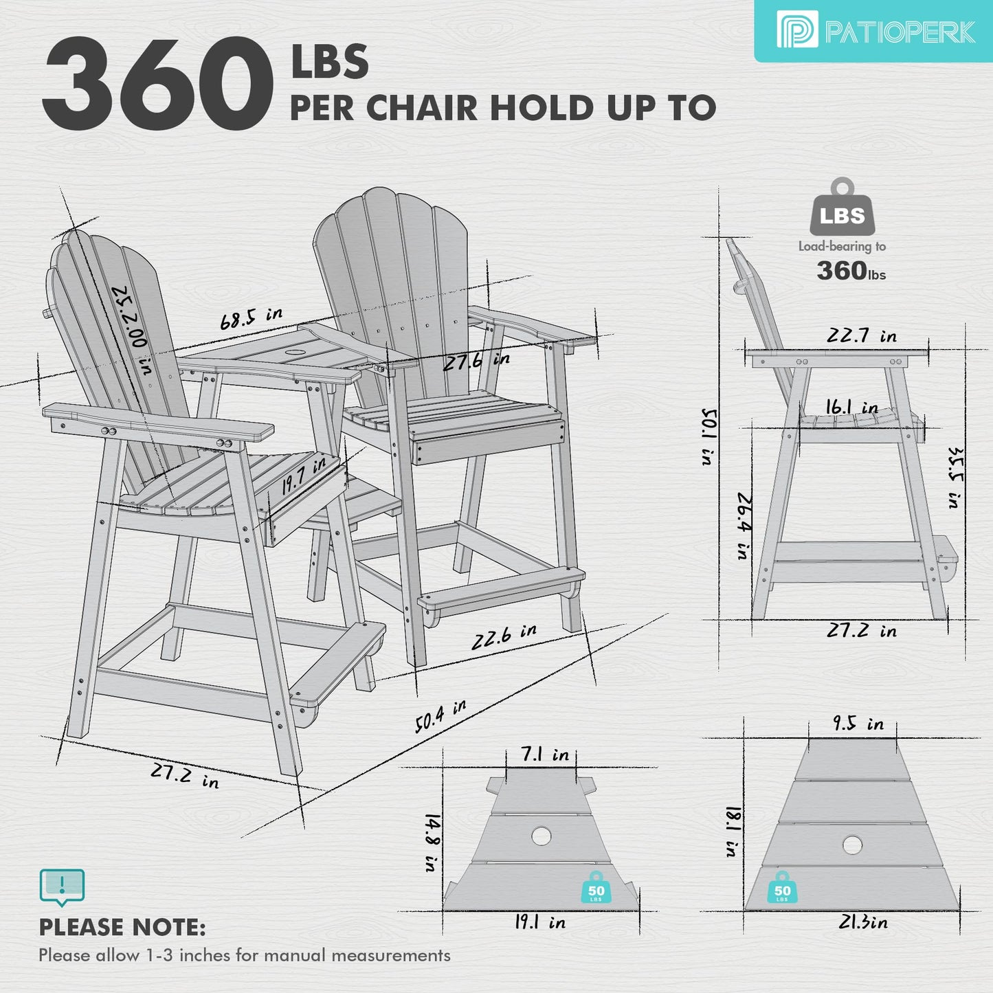 PatioPerk Tall Adirondack Chair Set of 2 with Double Connecting Tray, Recycled HDPE with Wood Grain, Weather Resistant, Outdoor Adirondack Chairs for Deck, Balcony, Patio, Backyard, Light Grey