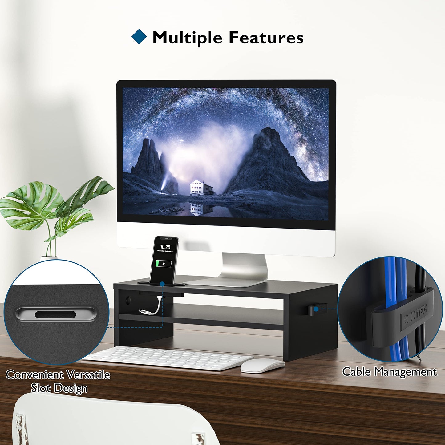 BONTEC Wooden Monitor Stand Riser, 2-Tier Desk Shelf with Storage Organizer, Ergonomic Computer Stand with Cable Management, Cellphone Holder, Black, 16.5 Inch