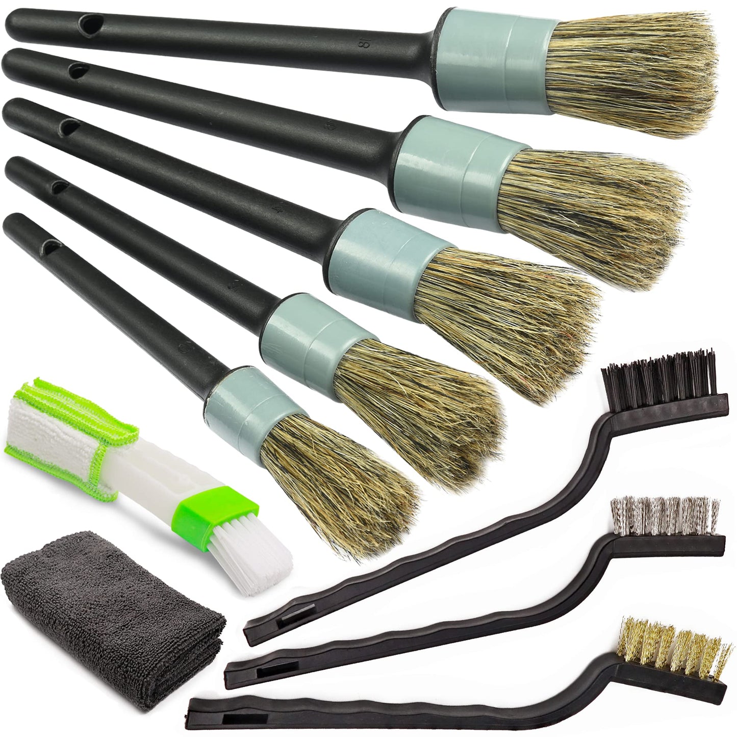 TAKAVU Complete Car Detailing Brush Kit (10 Piece) - Boar Hair Detail, Wire & Vent Brushes with Microfiber Towel for Wheels, Interior, Engine Bay Cleaning