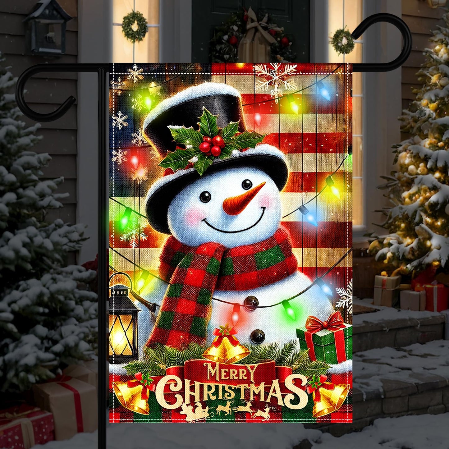 12 x 18 Inches Lighted Snowman Garden Flag Decorations - Double-Sided Vertical Christmas Holiday Yard Flag Sign with LED Lights, Indoor Outdoor House Patio Décor Party Supplies
