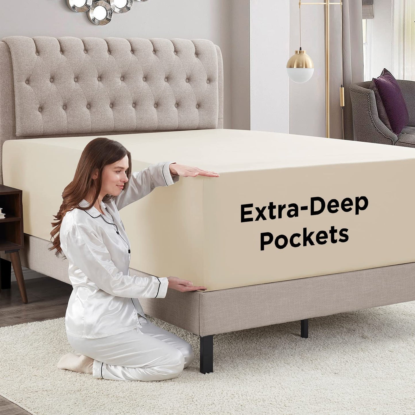 Empyrean Beige Cream Extra Deep Pocket King Fitted Sheet Only, Hotel Luxury King Size Fitted Sheets Easily Fits 18 to 24 Inch Mattress, Super Soft, Wrinkle-Free Bottom Sheets with Corner Straps