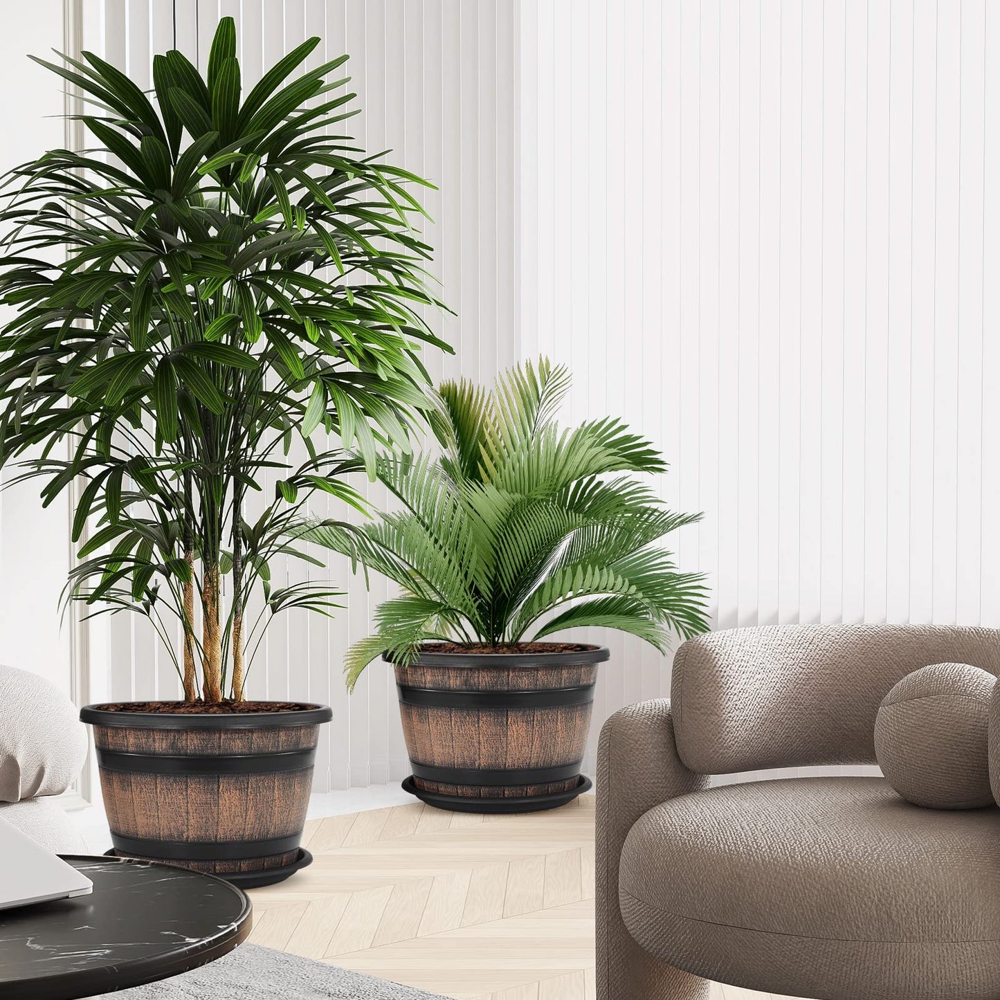 Quarut Large Plastic 3 Pack16 inch Plant Pots,Whiskey Barrel Planters with Drainage Holes & Saucer.Flower Pots Imitation Wine Barrel Design for Indoor & Outdoor Garden Balcony Plants.7 Gallons(Brown)