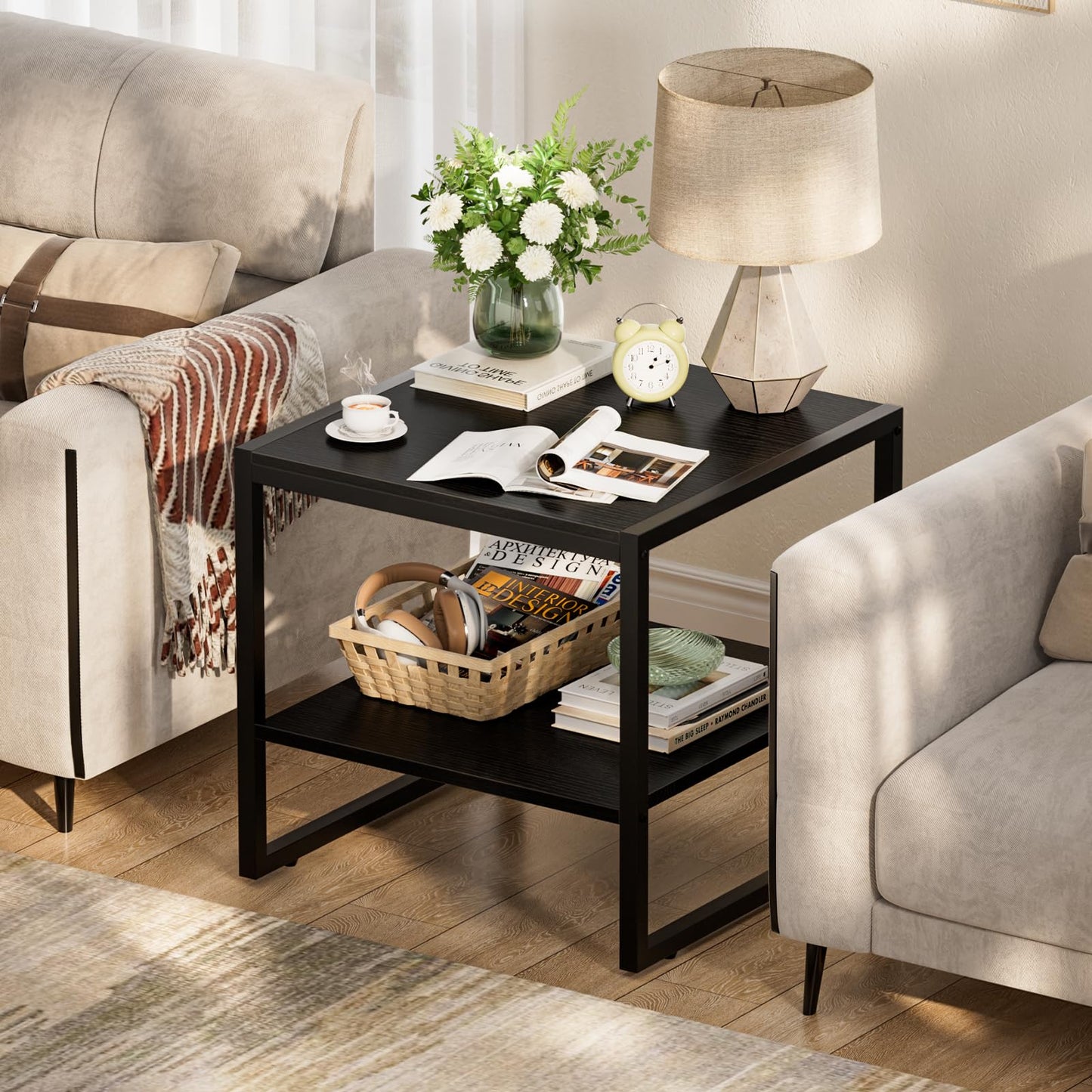 Homieasy End Table, 20 Inch Square End Table, Mini Fridge Stand with 2-Tier Storage Shelves, Industrial Wood Side Tables for Living Room, Black