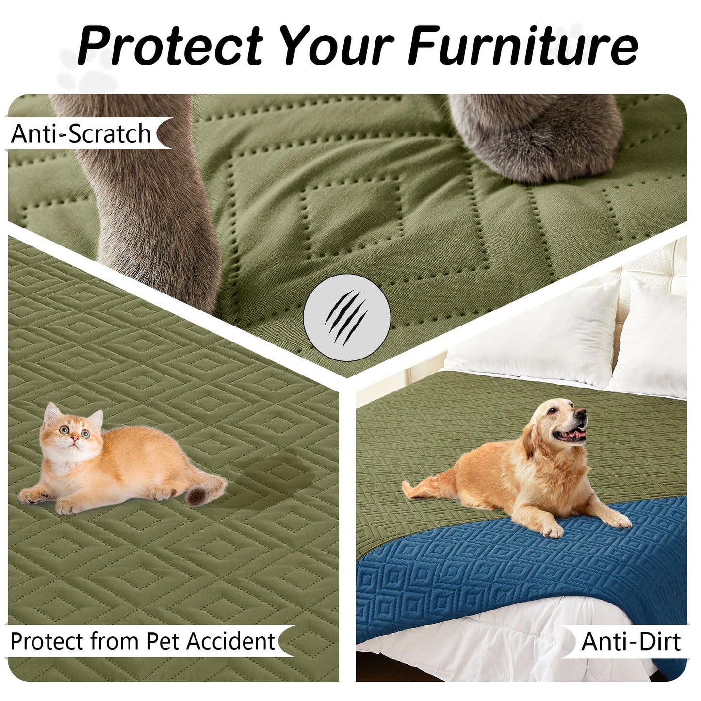 hyha Waterproof Dog Blanket, Soft Pet Bed Blankets, Waterproof Sofa Couch Cover for Dogs Washable, Reversible Pet Couch Covers for Sofa Furniture (30x70 Inch, Green/Navy Blue)