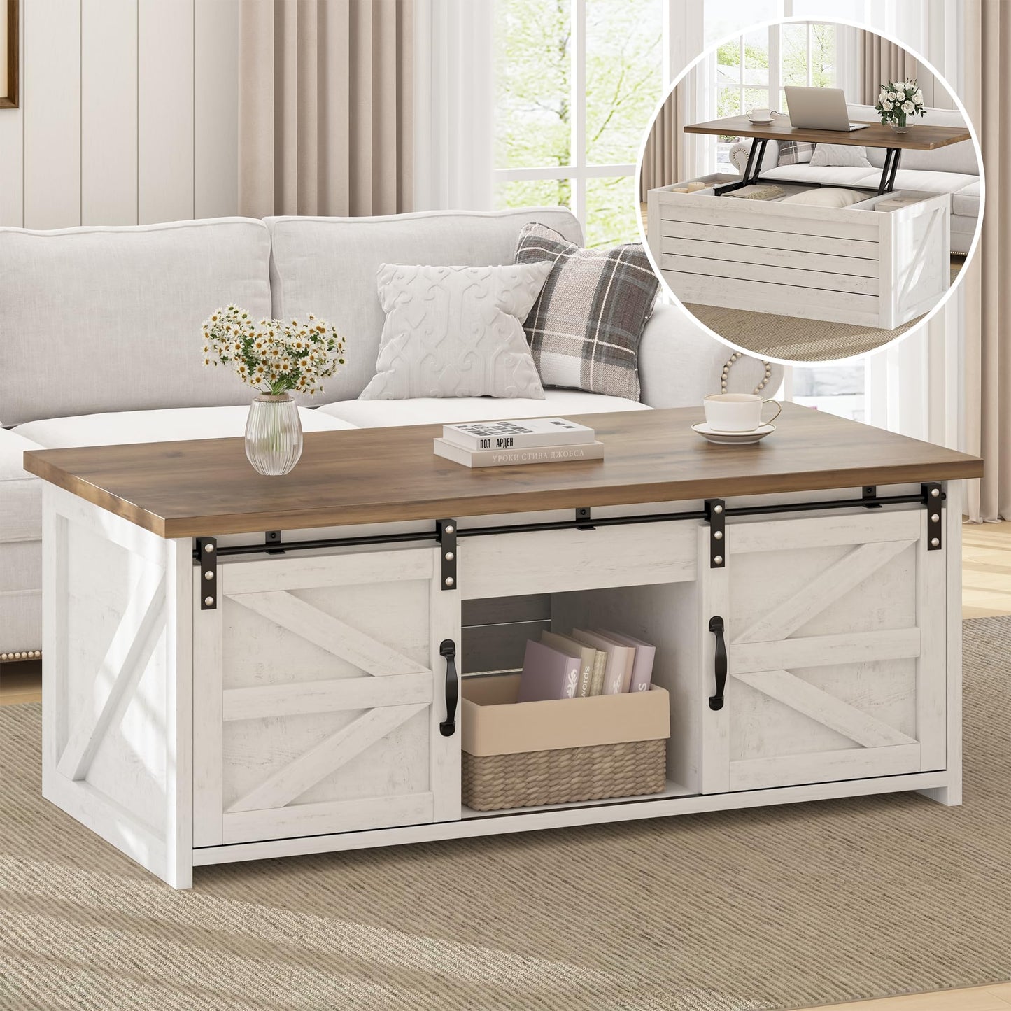 REVOMINCA Farmhouse Coffee Table Lift Top with Storage for Living Room, White Coffee Table with Large Hidden Storage Compartment, 48 Inch White Center Table with Sliding Barn Doors
