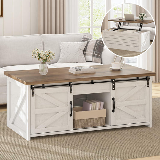REVOMINCA Farmhouse Coffee Table Lift Top with Storage for Living Room, White Coffee Table with Large Hidden Storage Compartment, 48 Inch White Center Table with Sliding Barn Doors