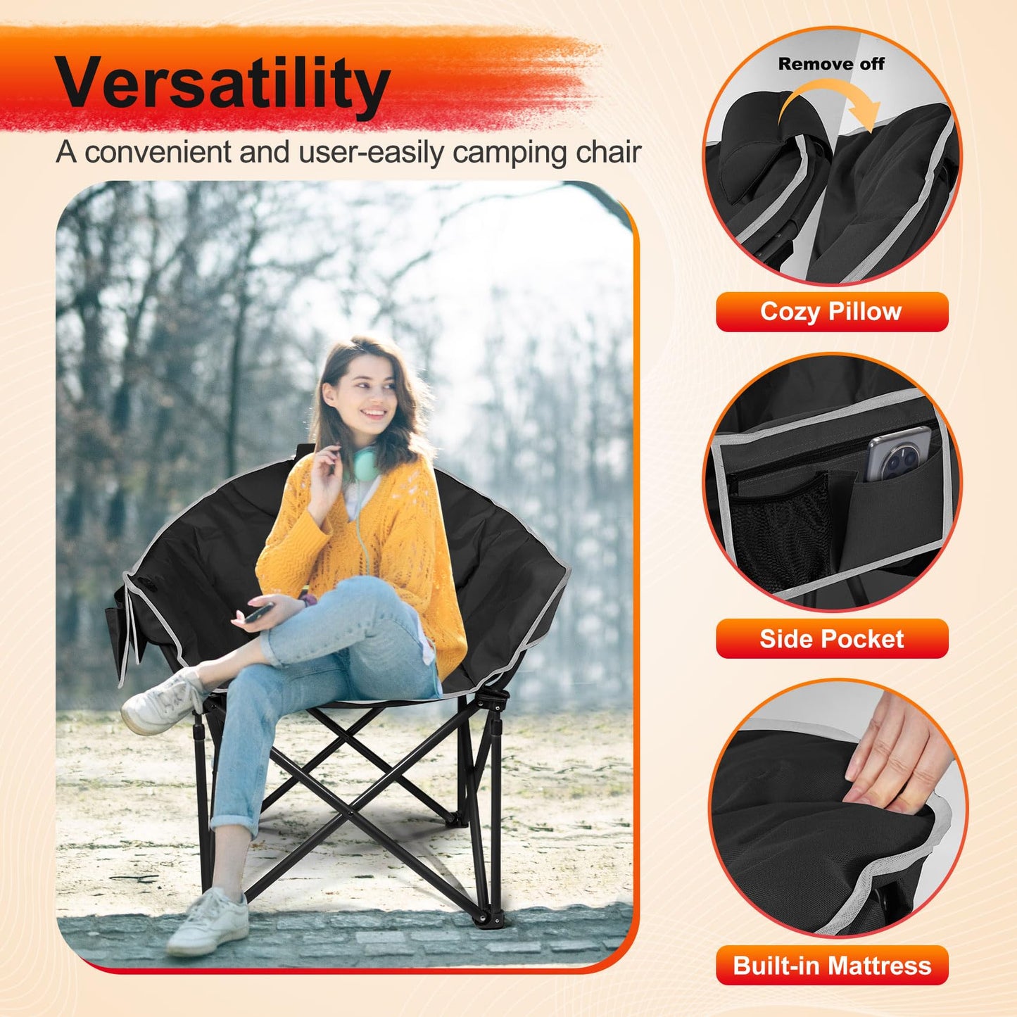 Slendor Oversized Heated Camping Chair with Power Bank, Portable Lounge Lawn Chairs, 3-Level Heats Padded Camping Chairs with Pillow, Storage Bag,10S Quick Heat, Extra Large, Supports 440lbs, Black