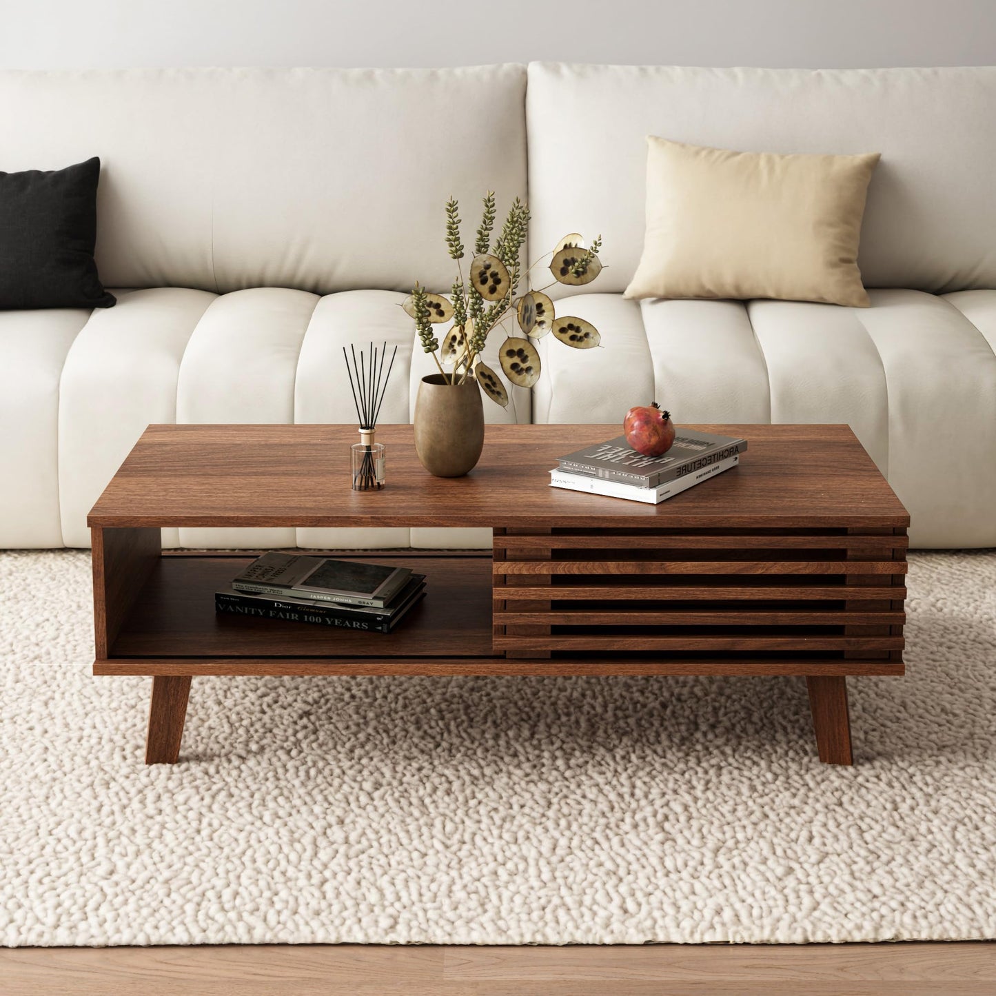 MAISONARIA Mid Century Coffee Table with Storage & Sliding Fence Door, Modern Coffee Tables for Living Room, Walnut Finish