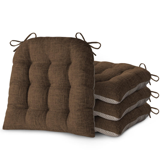 FlyGulls Chair Cushions for Dining Chairs Set of 4 Durable D-Shaped Seat Cushions with Non-Slip Backing Secure Ties Thick Cozy Seat Pad for Kitchen Dining Room Office(18x16.5x3in Coffee)