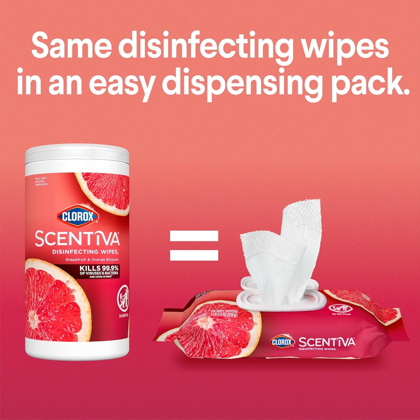 CLOROX Scentiva Disinfecting Wipes, Grapefruit and Orange Blossom, 75 Ct., Pack of 3 (Pack May vary)