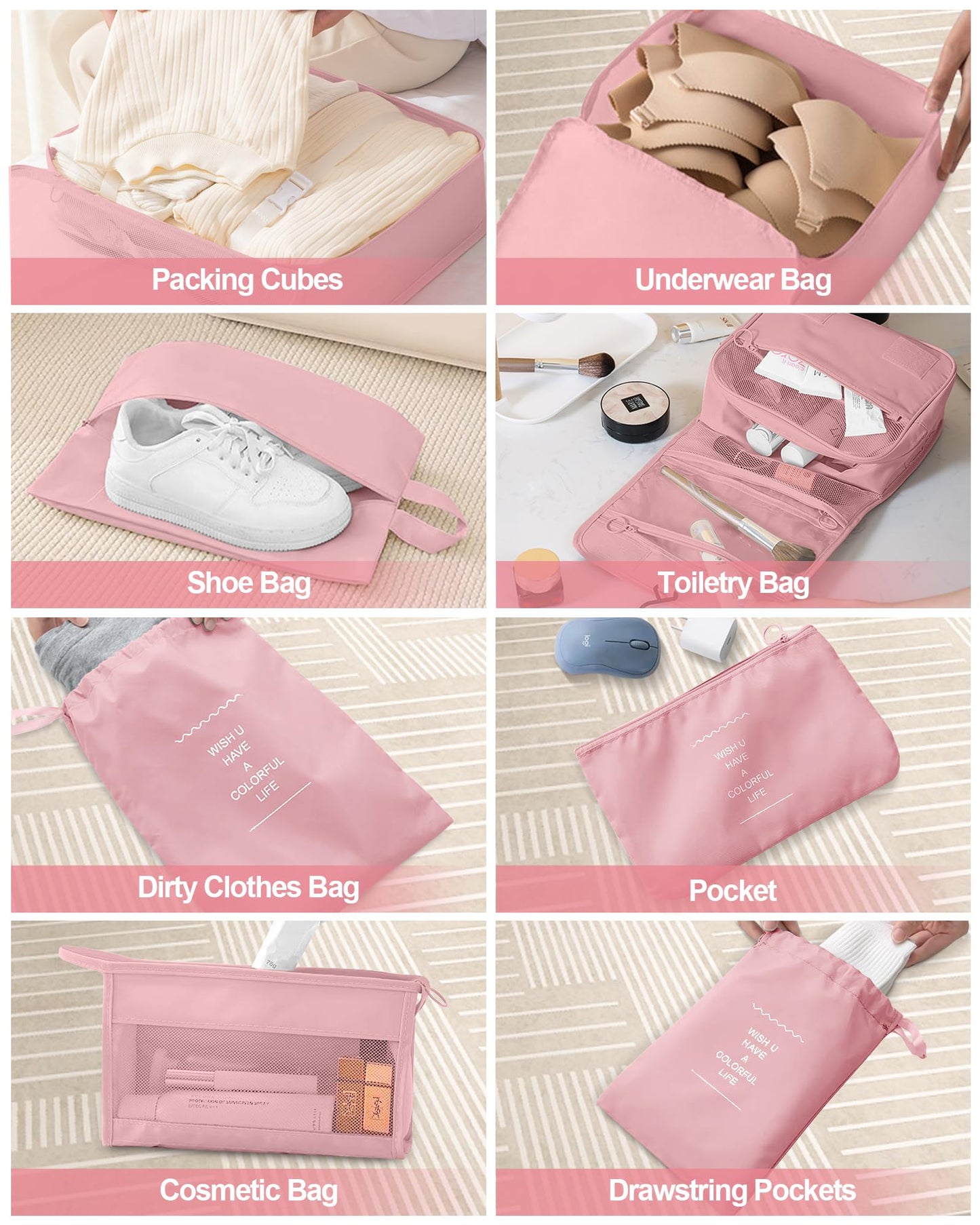 TRMFUSA Packing Cubes 10 PCS, Mesh Breathable Luggage Organizers Bags, Packing Organizers, Durable Travel Essentials Bags Set, Travel Packing Organizers,Pink