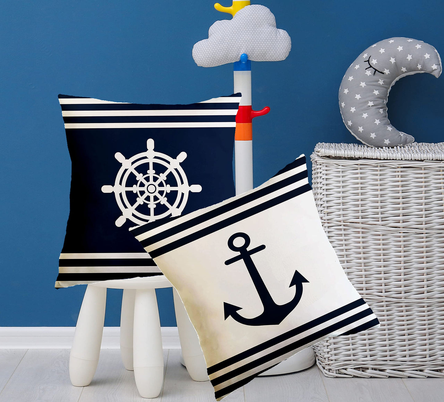 SLHETS Navy Blue Ocean Boat Anchor Throw Pillow Covers 18x18' White Navigation Cushion Case for Sofa Bedroom Cushion Home Decor Set of 2