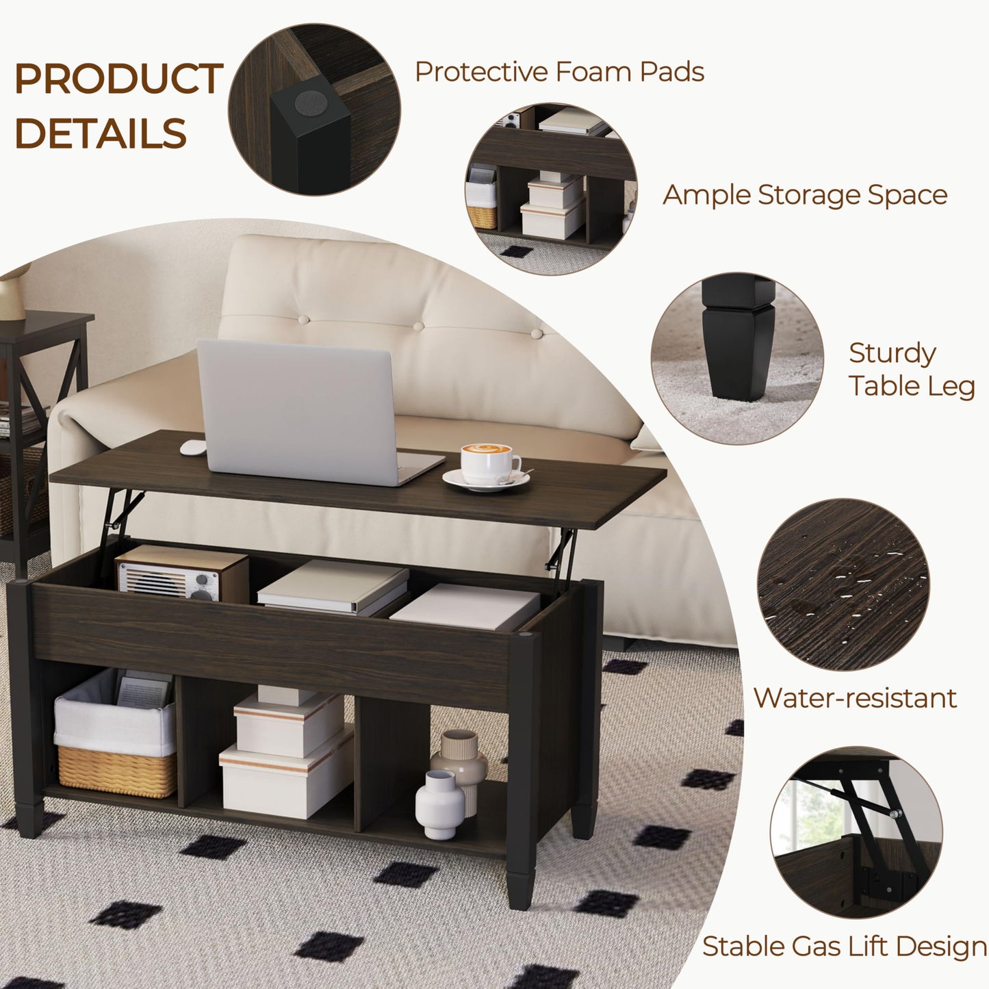 Yaheetech Coffee Table, 41in Lift Top Coffee Table with Storage Hidden Compartment & Shelf, Retro Coffee Center Table with Lift Tabletop for Living Room, Espresso