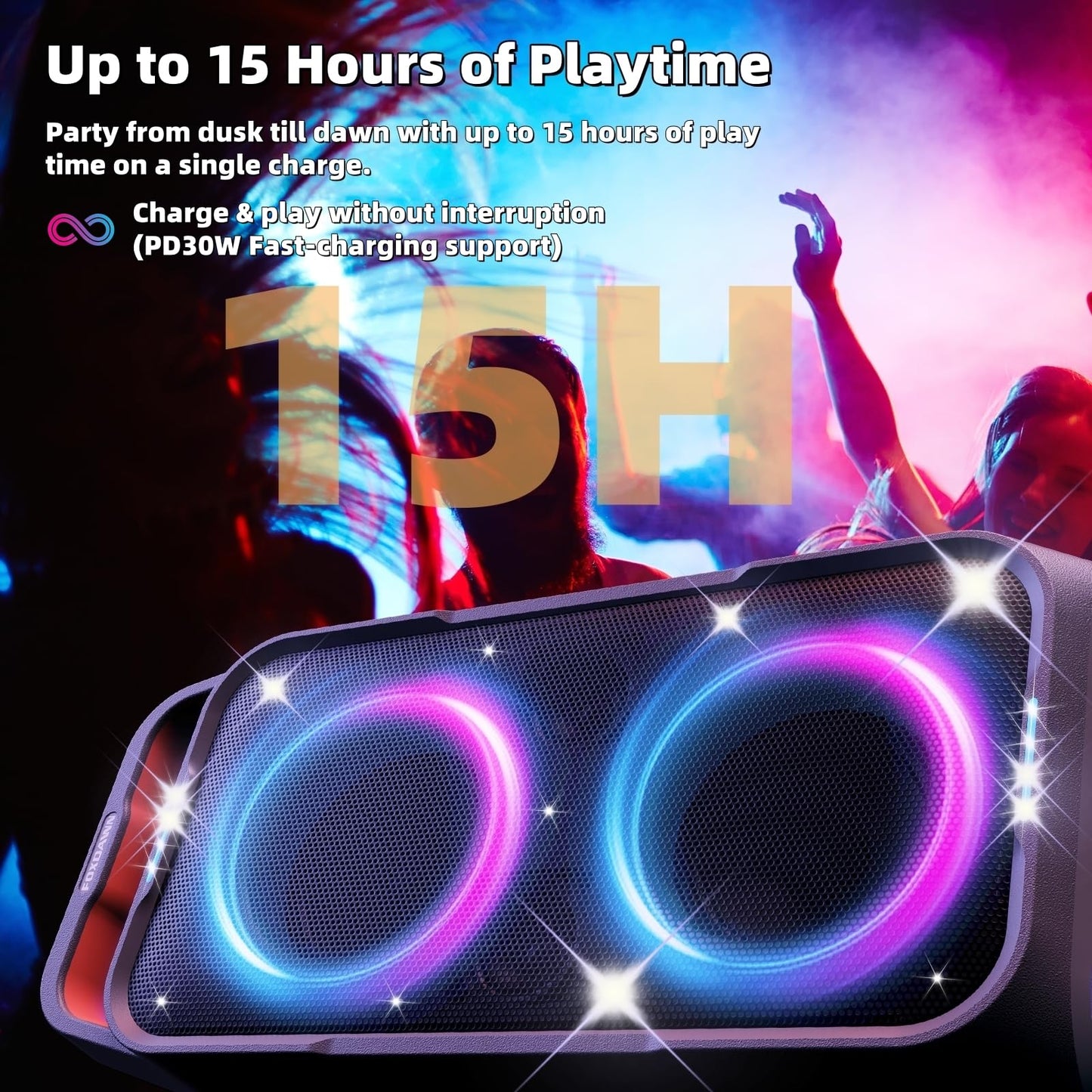 Foxdawn Portable Bluetooth Speaker: 240W Peak Powerful Loud Sound Deep Bass Wireless Boombox Large Subwoofer 15 Hours Battery Life Fast Charging with Led Light Show for Party Outdoor Camping Backyard