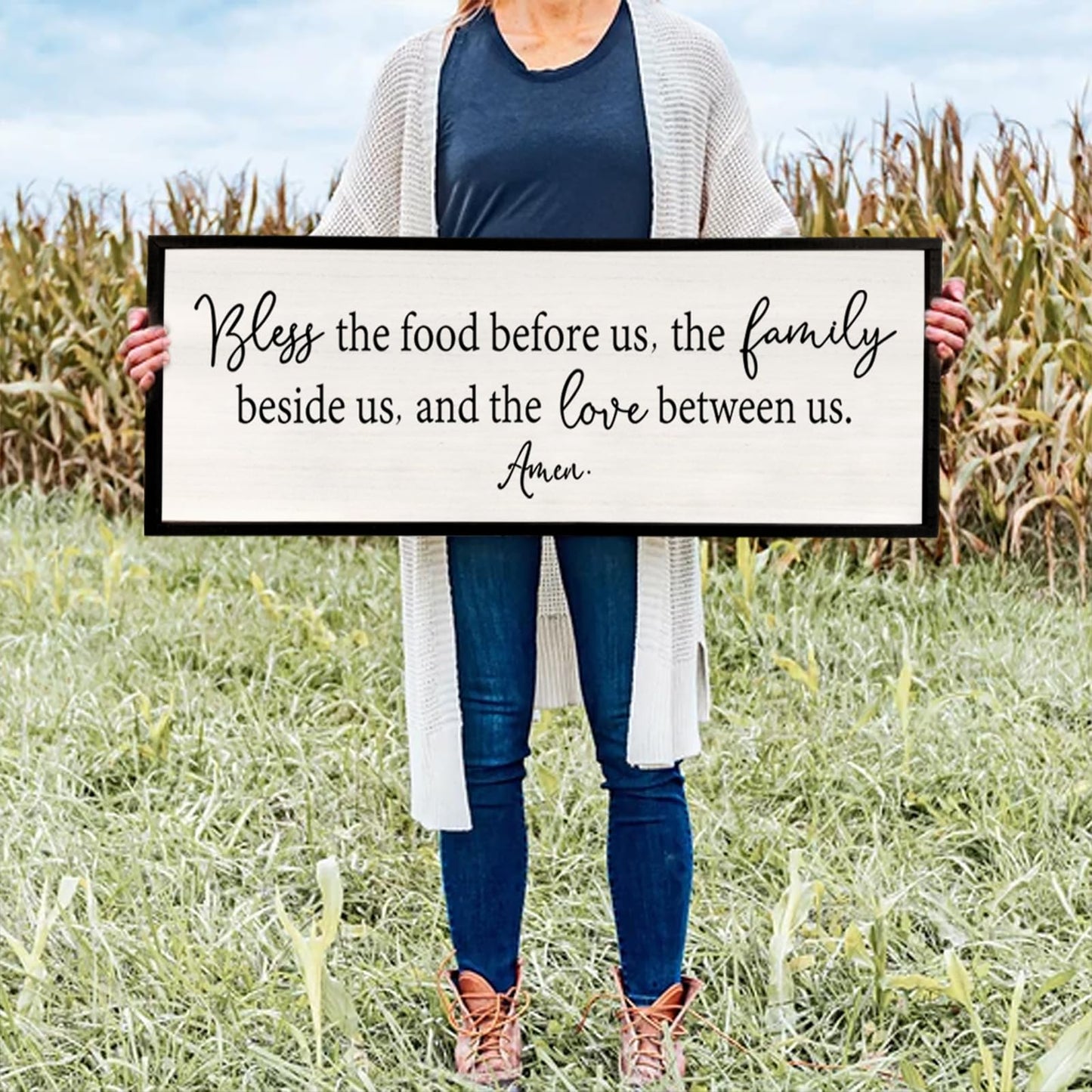 Bless the Food Before Us Sign Wall Decor 40"X15" Large Farmhouse Dining Room Wall Decor Framed Wood Rustic Home Wall Art Kitchen Decoration (Black)