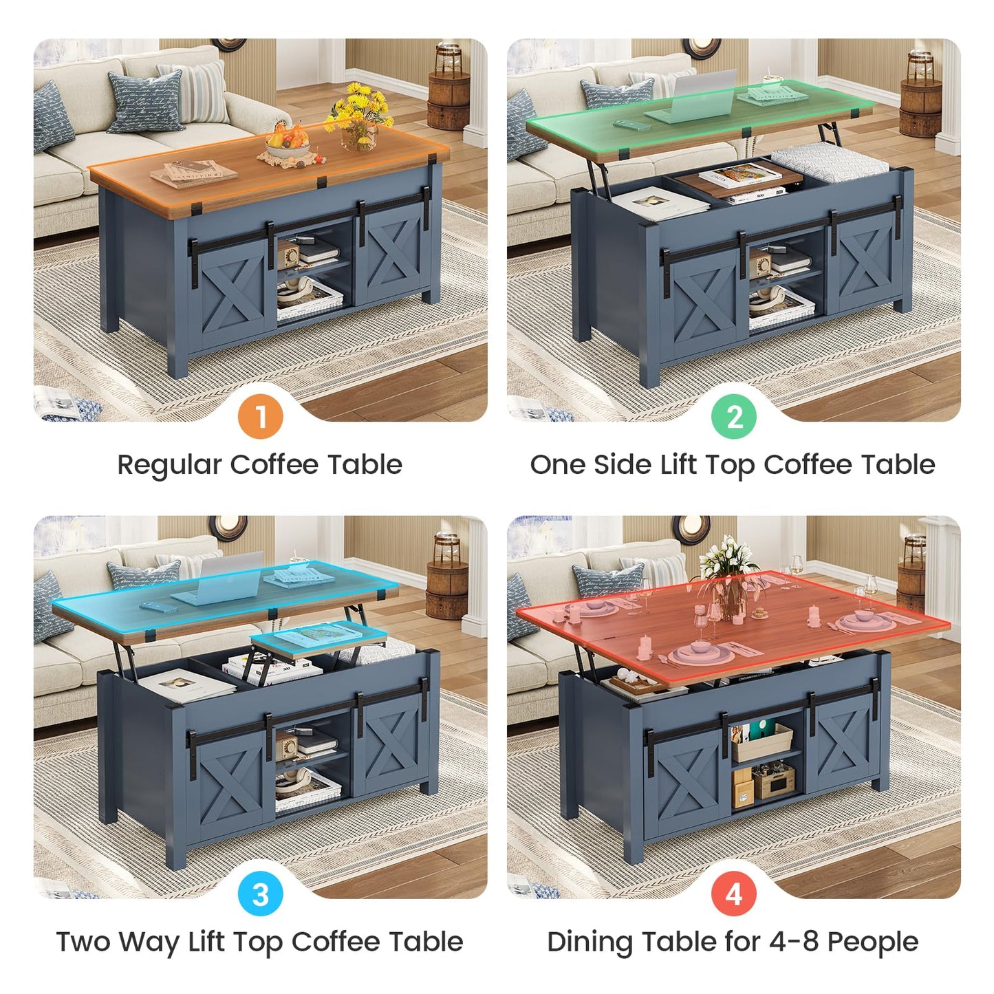 SEDETA Lift Top Coffee Table, 4 in 1 Multi-Function Convertible Coffee Tables with Storage and Hidden Compartment, Farmhouse Coffee Table Converts to Dining Table for Living Room, Blue