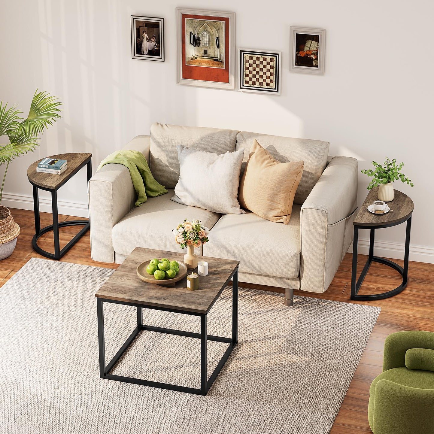 GreenForest Coffee Table Oval 3pcs Set, Modern Living Room Table with 2 End Tables, Small Center Table with Metal Frame for Home Apartment, Gray Wash