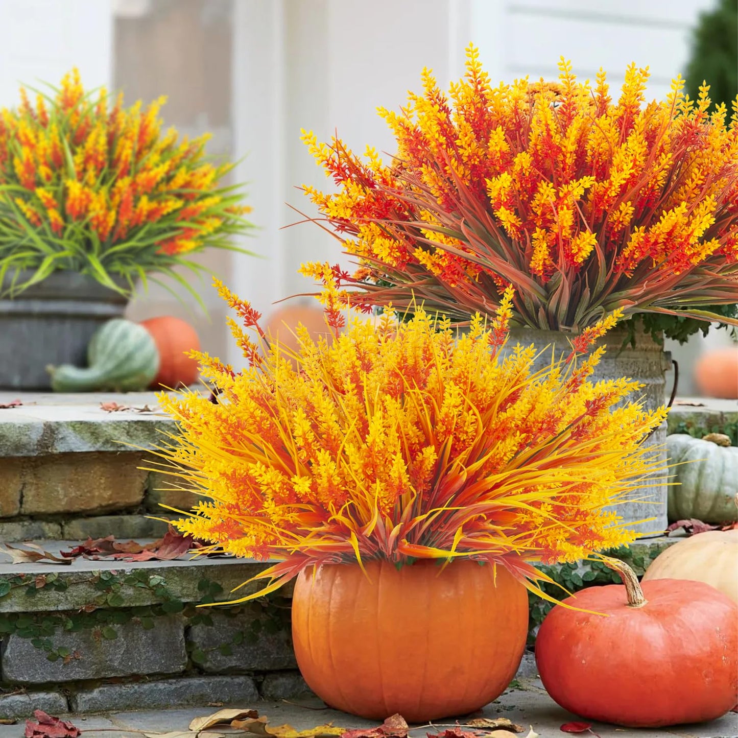 20 Bundles Artificial Plants Outdoor Fake Monkey Grass with Flowers (Fall Orange)