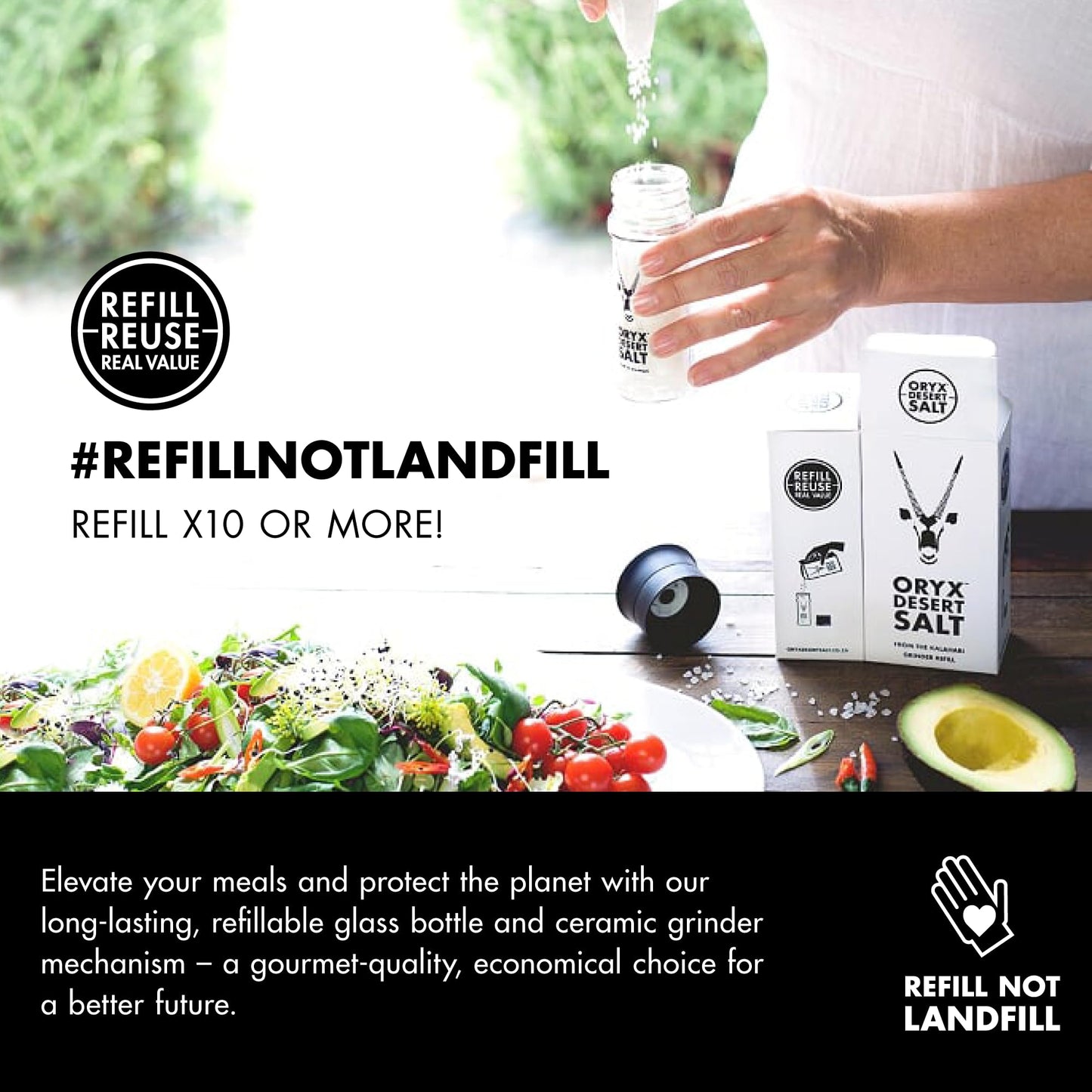 Oryx Desert Salt Grinder - 6 Pack - 3.52oz - Refillable, Reusable +20x Ceramic Salt Grinder with Oryx Desert Salt, Naturally Organic, Kosher - Alternative to Sea Salt, Himalayan & Rock Salt - Kitchen Essential