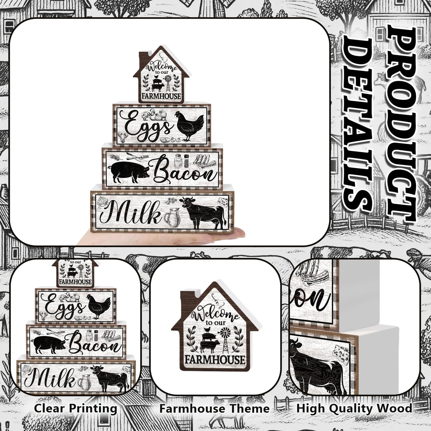 TOMPOP 4 Pcs Farmhouse Decor Wooden Tiered Tray Signs, Rustic Rooster Pig Cow Decorative Faux Book Stack Block Farm Animal Distressed Tabletop Centerpieces for Home Kitchen Shelf Table Decorations