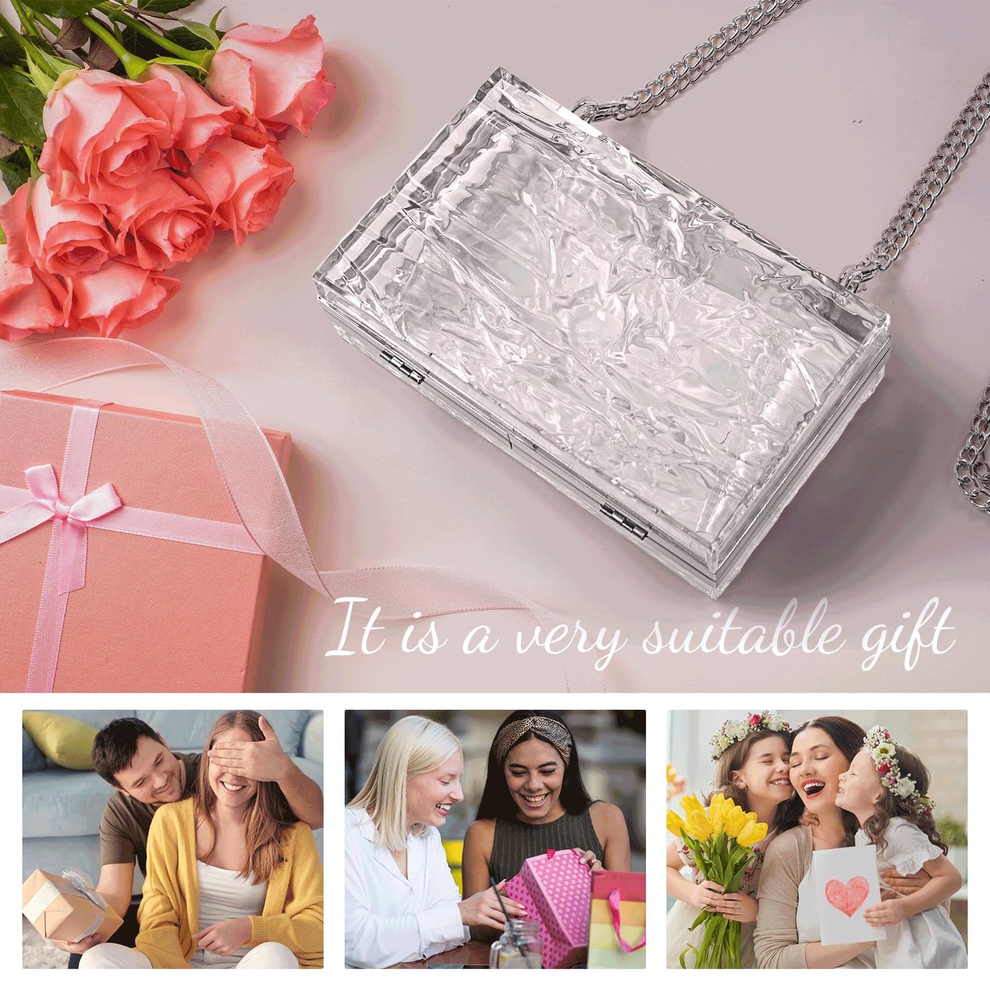 WJCD Womens Clear Purse Acrylic Evening Bags clear clutch purse Ripple Shaped Vintage Banquet Handbag (Silver)