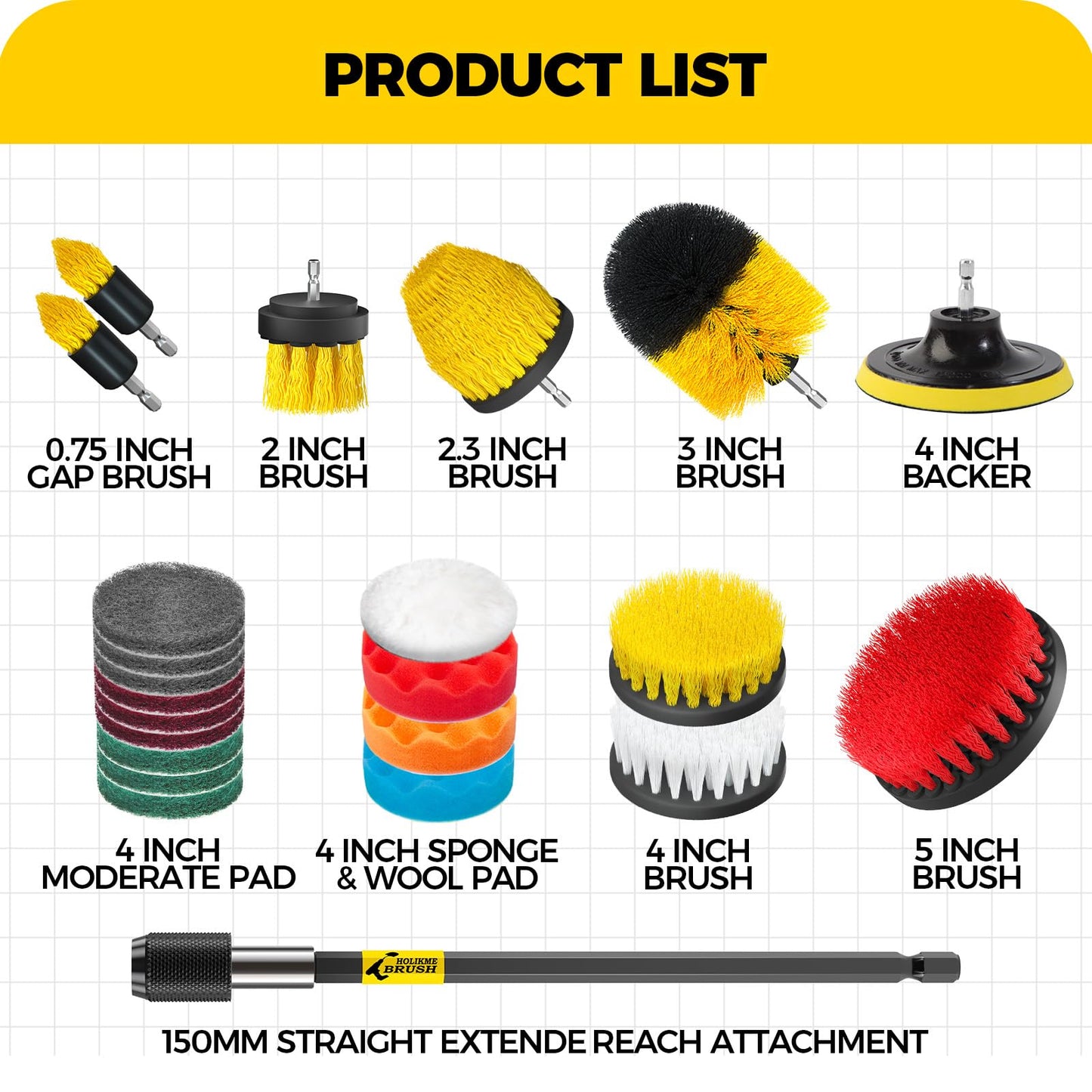 Holikme 23Pack Drill Brush Attachments Set, Scrub Pads & Sponge, Buffing Pads, Power Scrubber Brush with Extend Long Attachment, Car Polishing Pad Kit,Cleaning Supplies，Masonry Brushes,Scratch Brushes