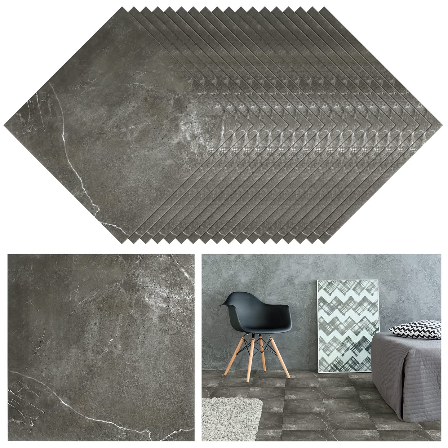 Spiareal 48 Pieces Peel and Stick Floor Tiles Vinyl Flooring 12 x 12 Inch Stick on Floor Tile Self Adhesive Waterproof DIY for Bathroom Kitchen Bedroom Living Room(Gray Marble)