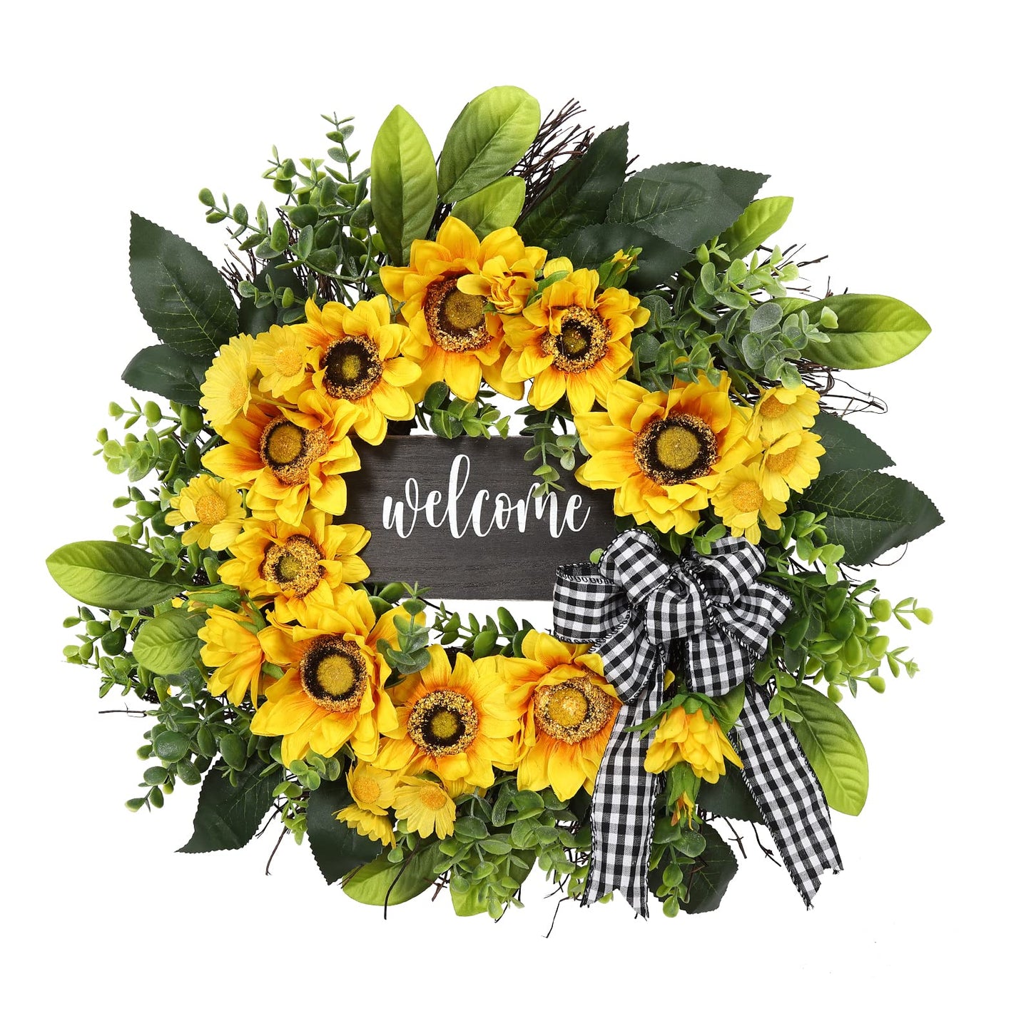 Sunflower Wreath with Welcome,Spring Summer Wreath for Front Door, Unique Housewarming Gift,mother'day Gift,Farmhouse Porch Decor,Sunflower Wall Decor,Wedding Favors,Year Round wreaths-20inch