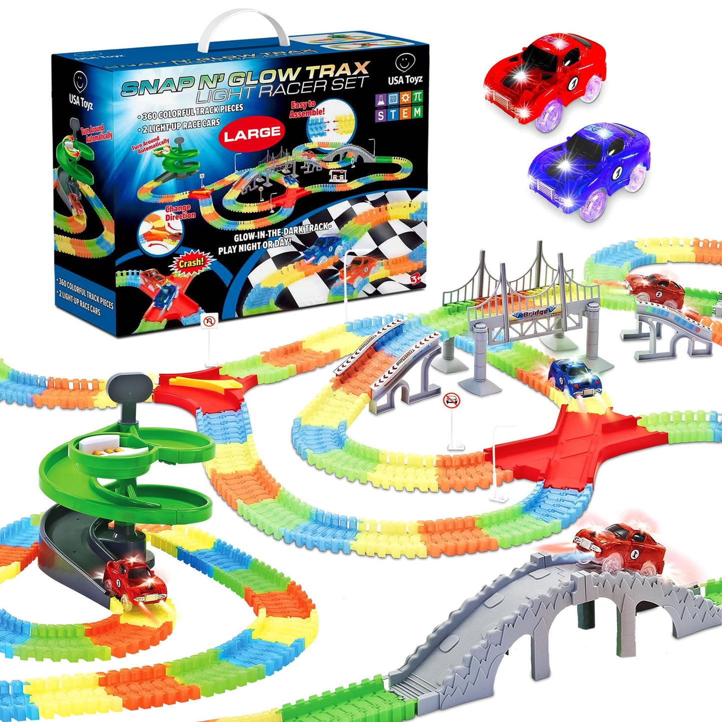 USA Toyz Glow Tracks Starter Kit Race Tracks and 2 LED Toy Cars - 216pk Glow in The Dark Bendable Flexible Rainbow Race Track Set with 2 Light Up Car Toys, STEM Building Toys for Boys and Girls