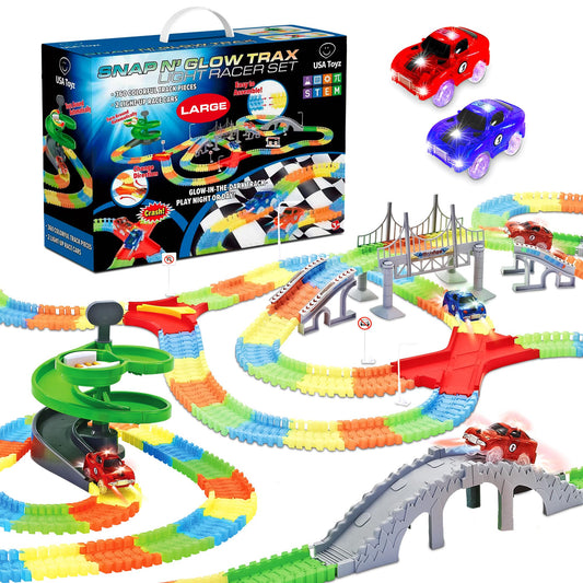 USA Toyz Glow Tracks Starter Kit Race Tracks and 2 LED Toy Cars - 216pk Glow in The Dark Bendable Flexible Rainbow Race Track Set with 2 Light Up Car Toys, STEM Building Toys for Boys and Girls