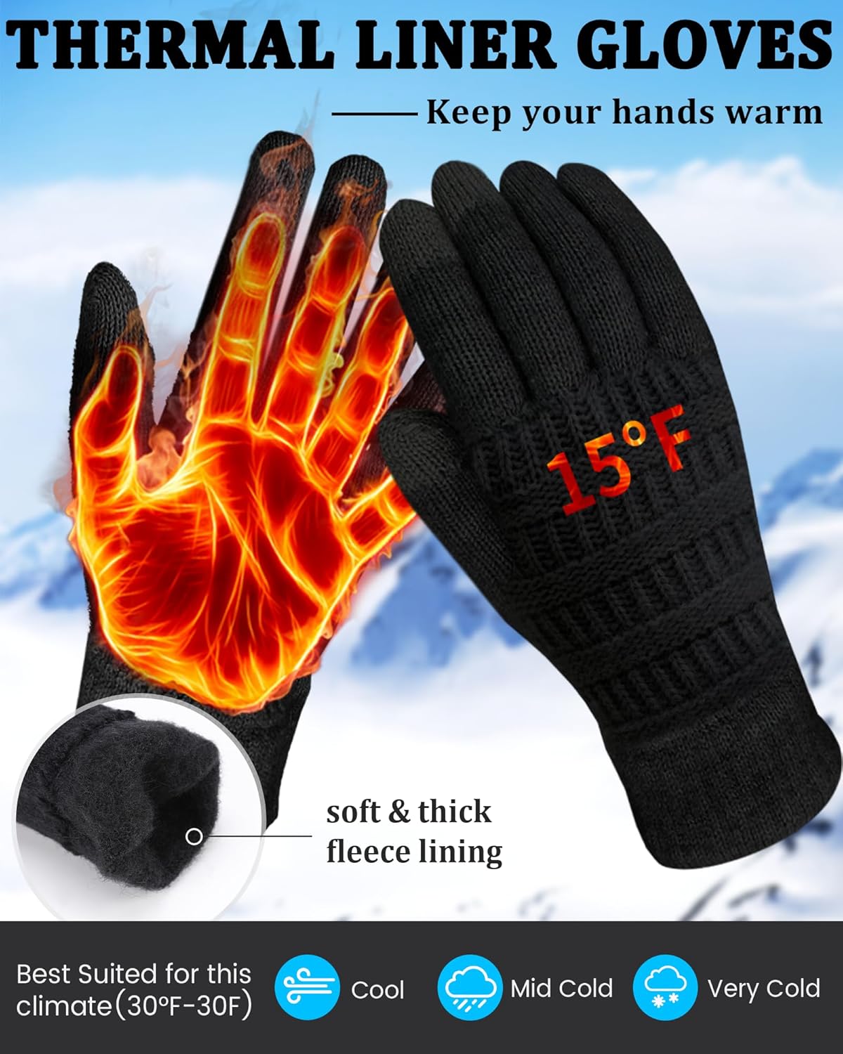 3 Pairs Winter Gloves for Women, 3-Finger Touch Screen Elastic Thermal Knit Lining, Warm Gloves for Cold Weather