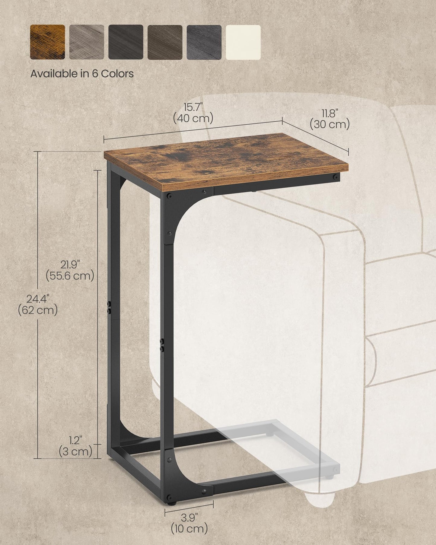 VASAGLE C-Shaped End Table, Small Side Table for Couch, Sofa Table with Metal Frame for Living Room, Bedroom, Bedside, Rustic Brown and Black
