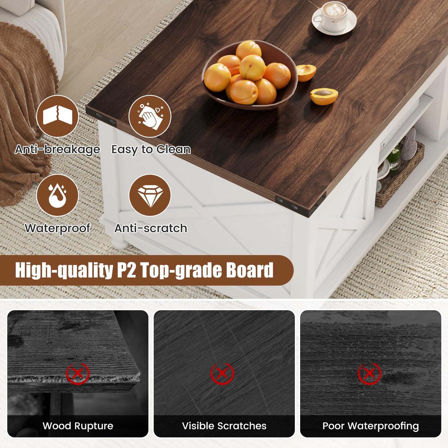 ALLSTAND 48" Farmhouse Lift Top Coffee Table with Storage Sliding Barn Door & Large Hidden Compartment, Coffee Table with Lifting Top with Wooden Lift Tabletop, Coffee Tables for Living Room, White