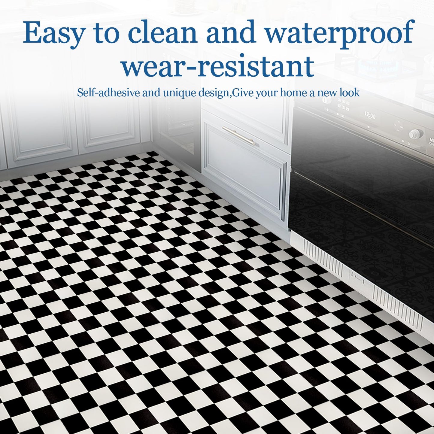 RomDeco Peel and Stick Floor Tile Black and White, Vinyl Flooring Waterproof for Bathroom, Peel and Stick Flooring Self Adhesive Durable Super Easy to Use (11.8in X 11.8in)