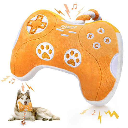 MTERSN Plush Dog Toy : Interactive Squeaky Dog Toys with Crinkle Paper and Gaming Controller Shape Dogs Rope Toys - Funny Pet Chew Toys with 3 Squeakers for Puppy, Small, Medium, Large Dogs (Yellow)