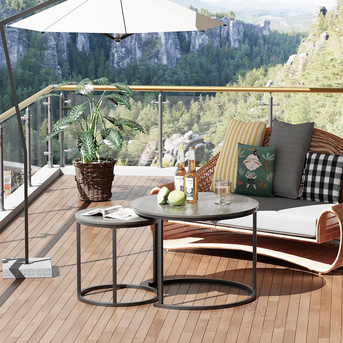 VILAWLENCE Nesting Coffee Table Set of 2, Modern Round Side Table End Tables for Living Room Bedroom Balcony,Grey Wooden Stacking Accent Coffee Tables with Metal Frame