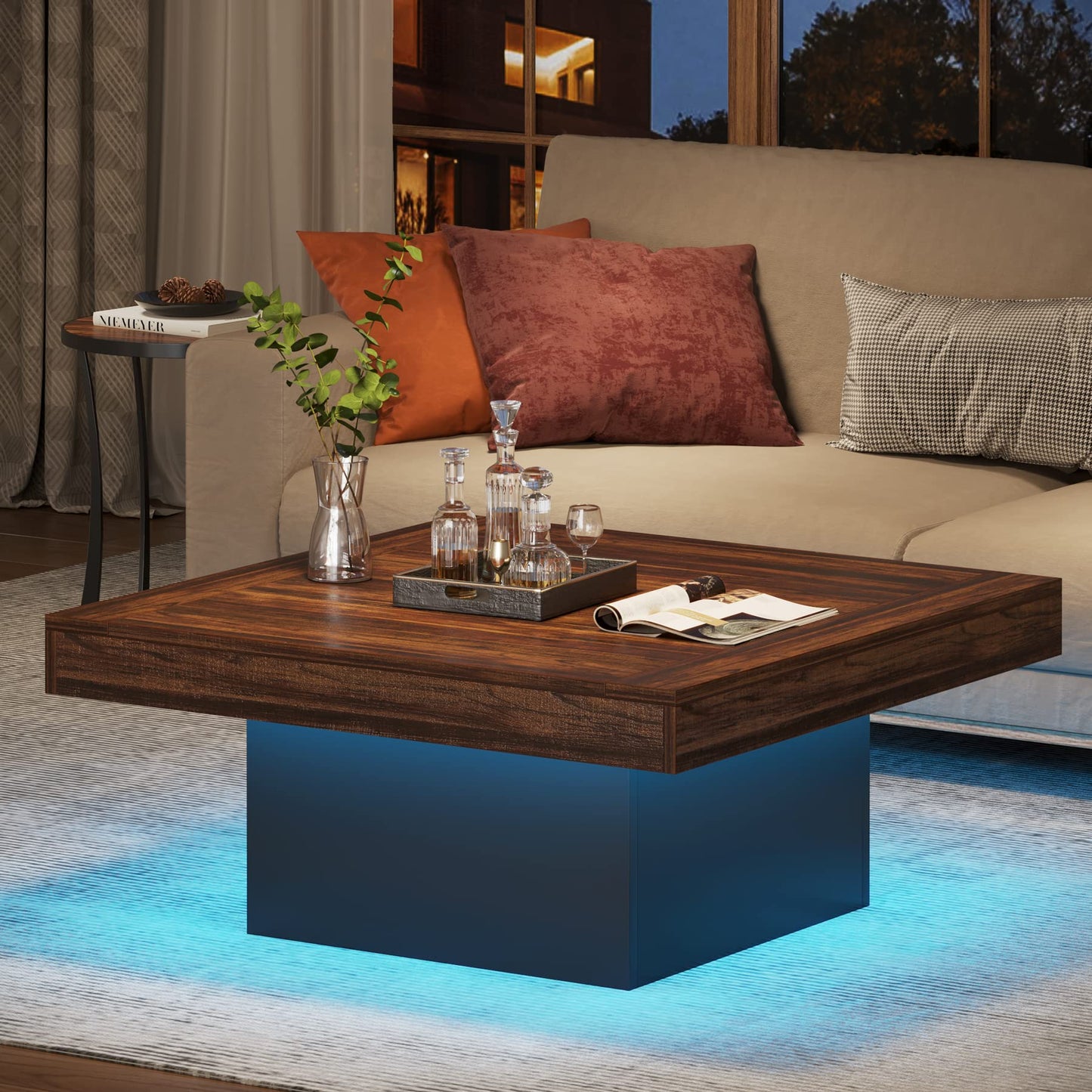 Tribesigns Farmhouse Coffee Table Square LED Engineered Wood Low Coffee Table for Living Room Rustic Brown & Black