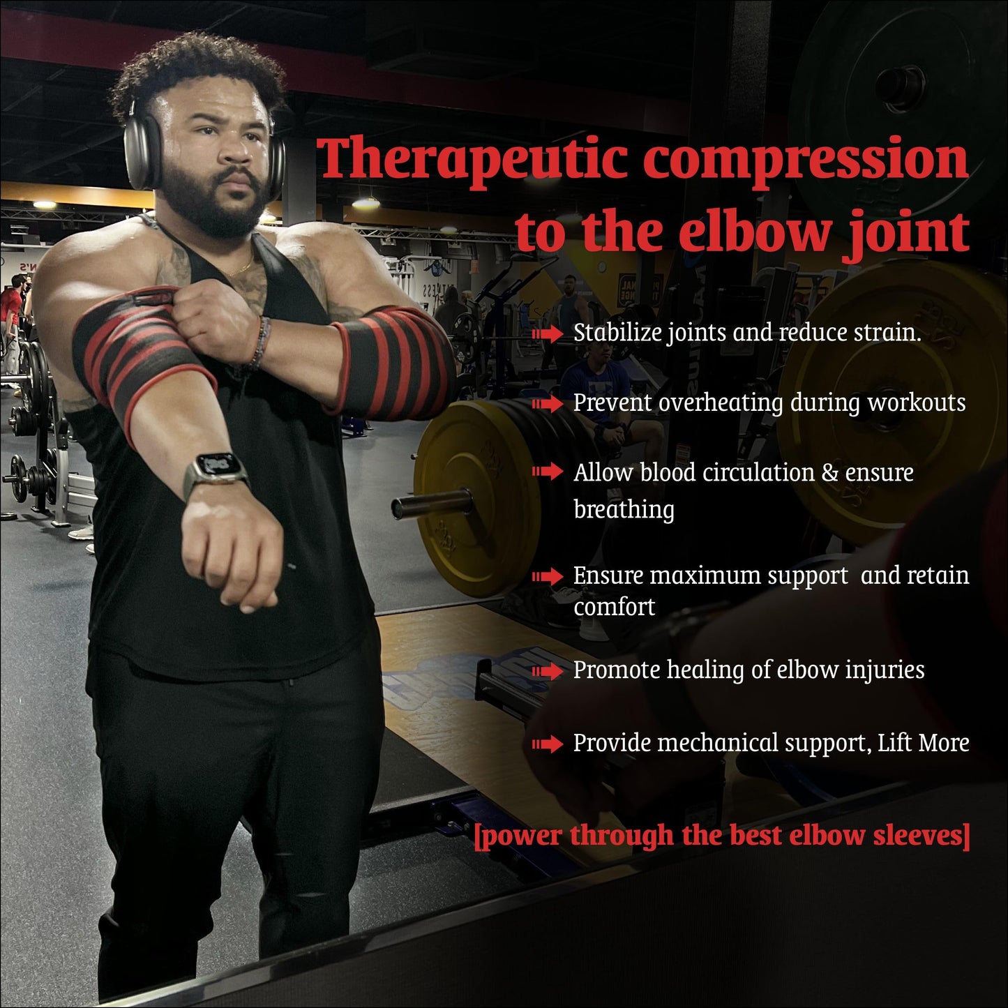 Elbow Sleeve (Pair) Dual-Ply Elbow Support & Compression for Powerlifting Weightlifting Heavy Bench Press Men & Women (Black/Red, Large)