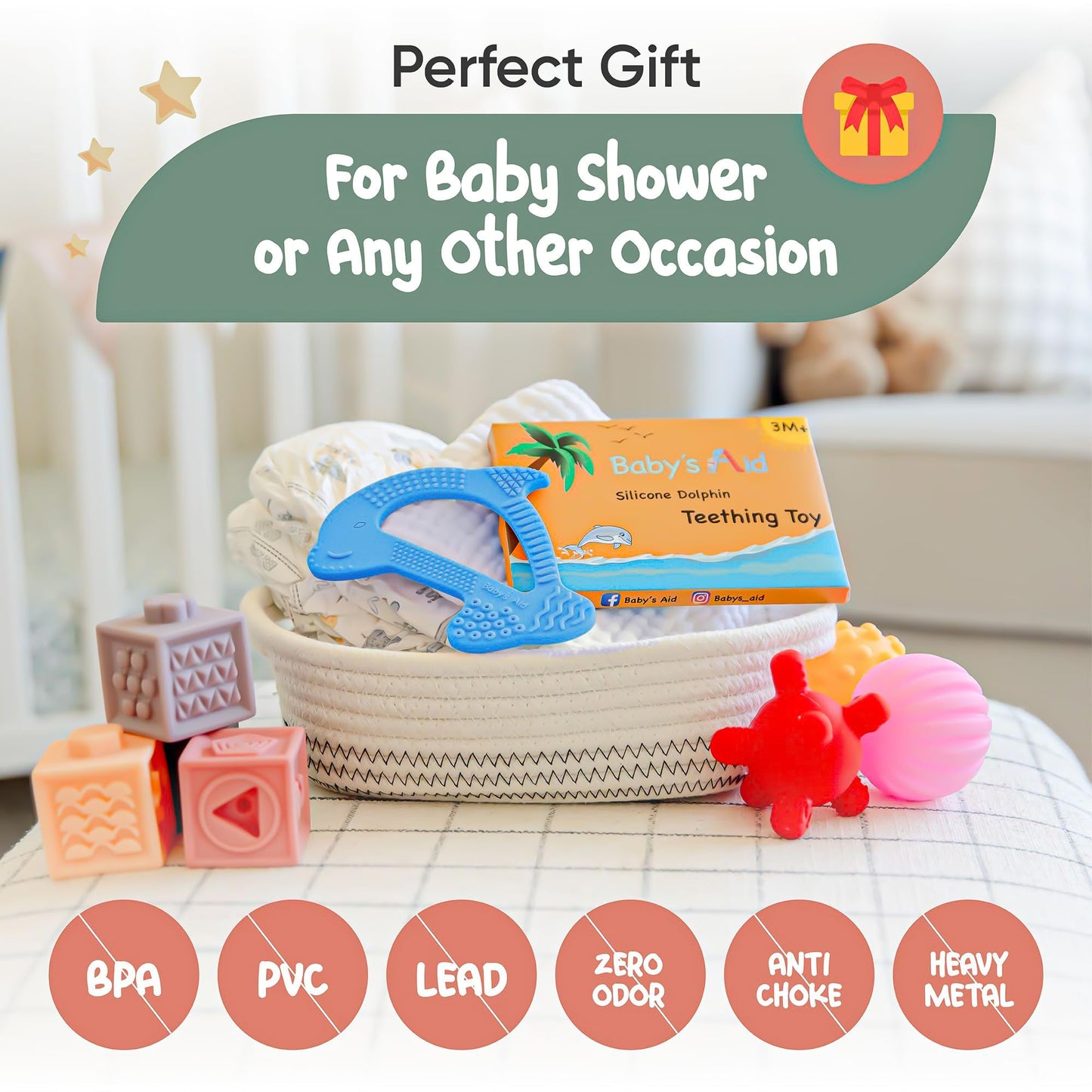 Silicone Baby Teether - Dolphin | 8 Teething Relief Textures, 100% Food-Grade, Easy to Hold & BPA Free Silicone Teethers for Babies, Baby Teething Toys, Soft Chew Toy for Babies Ages 3M+ - Baby’s Aid