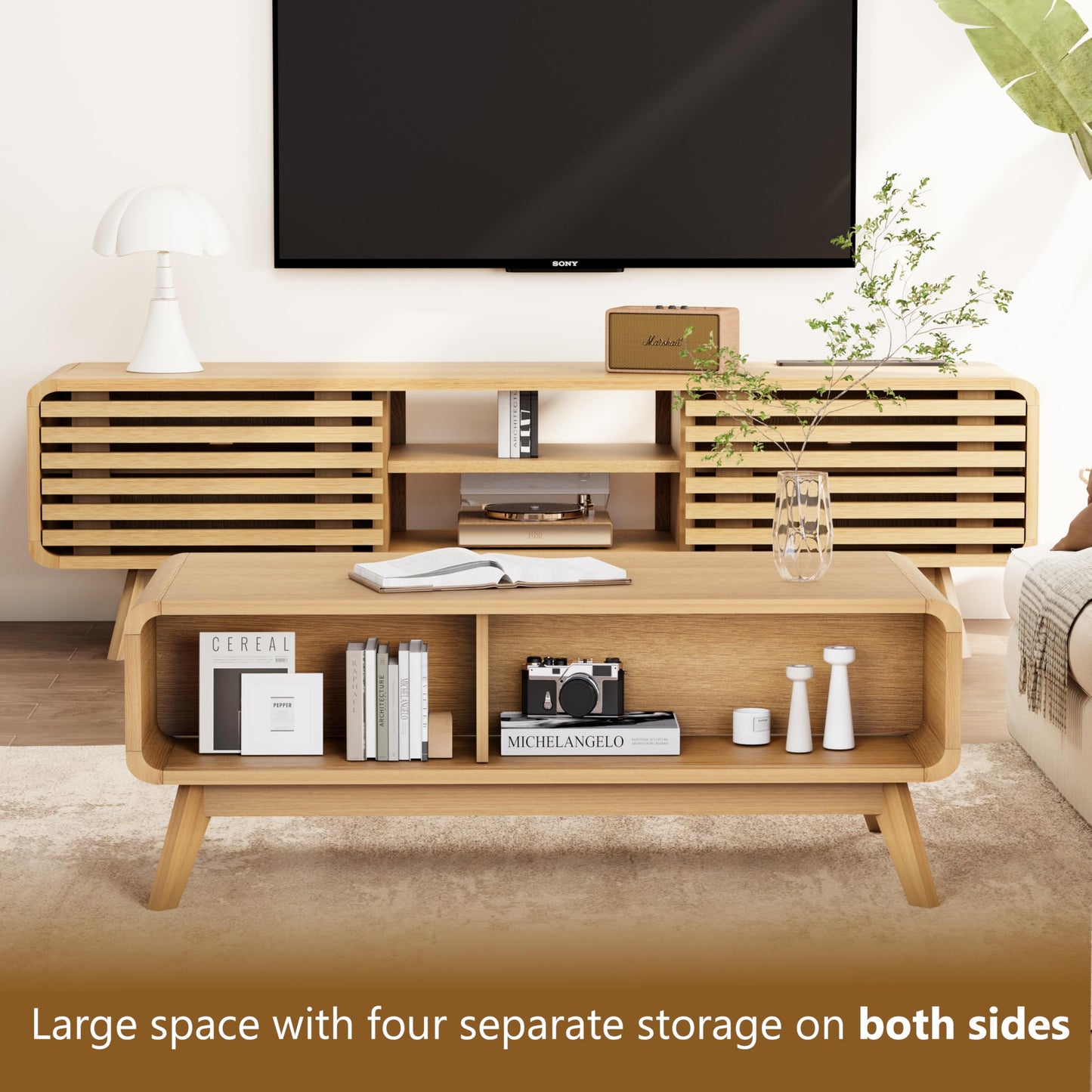 Royal Windsor Coffee Table,Mid Century Modern Table with Storage,Sliding Fence Door,Farmhouse Wooden Coffee Table for Living Room,Oak