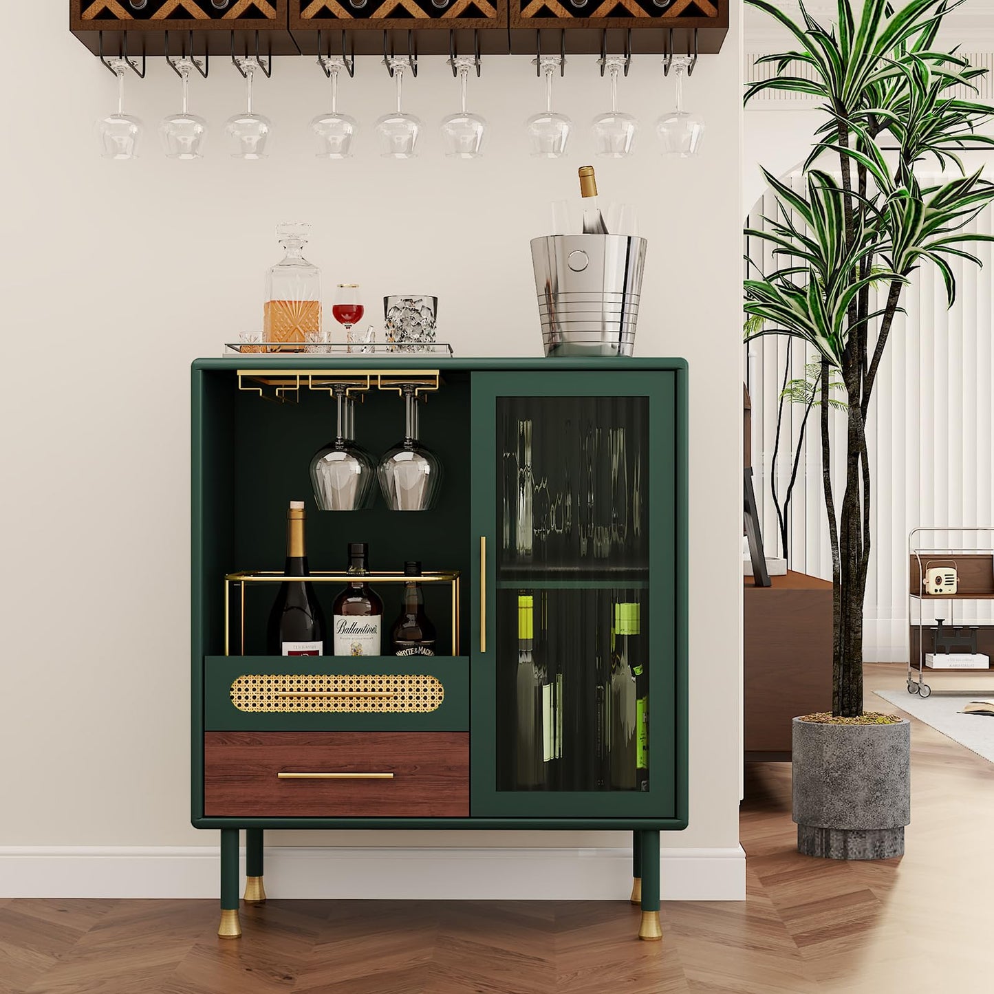 ARTPOWER Modern Coffee Bar Cabinet with Wine Glass Rack and Drawers, Green Liquor Cabinet with Pull-Out Wine Storage for Kitchen, Dining Room, Living Room