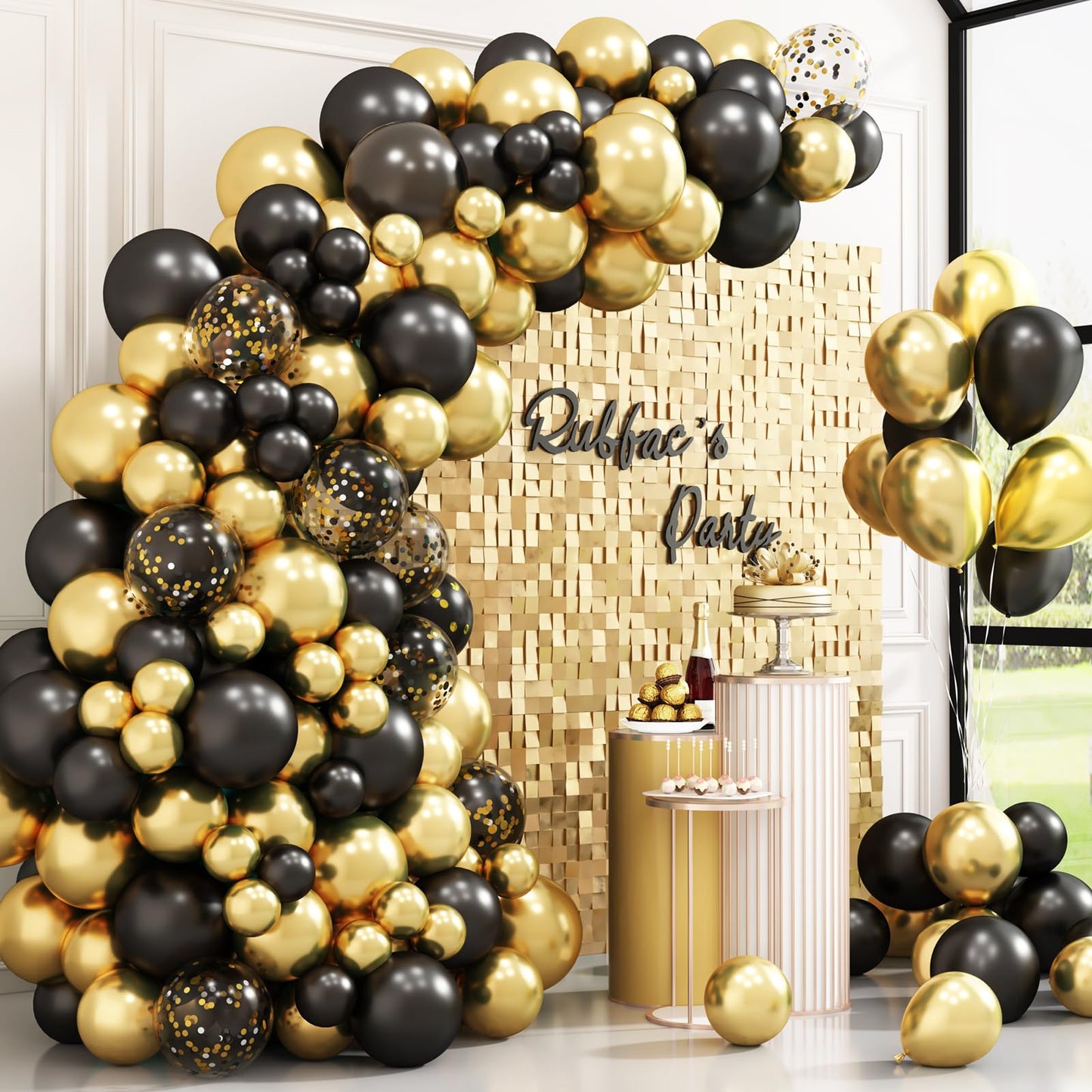 RUBFAC 110pcs Black and Gold Balloons Garland Arch Kit with Black Gold Confetti Balloons for Graduation Birthday Wedding Party Decorations