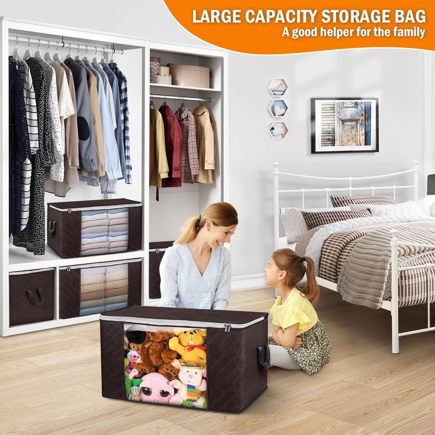 Budding Joy Clothes Storage, Foldable Large Storage Bags, Storage and Organization for Clothing, Blanket, Comforter, Clothes, Pillows, Closet Organizers with Enhanced Handle, 60L 6 Pack Brown
