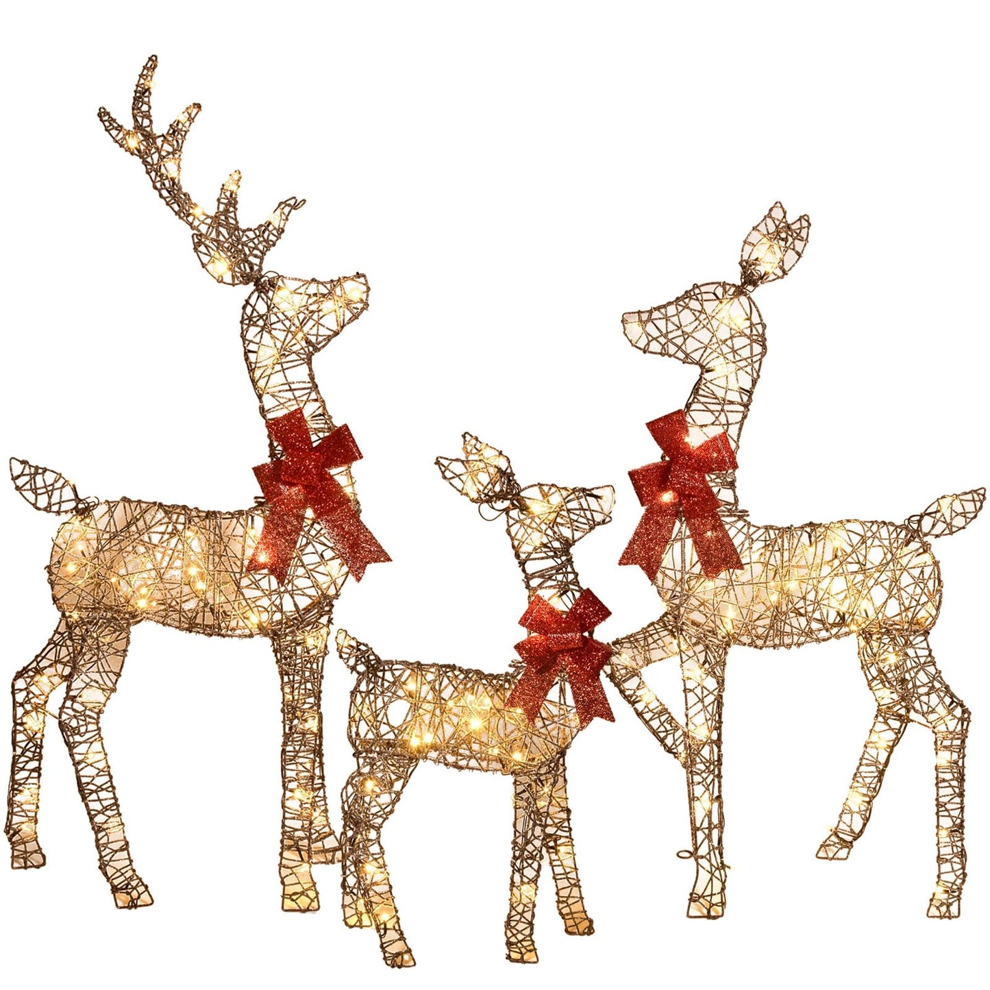HOYECHI 4ft Christmas Decorations Outdoor Lighted Reindeer – 3-Piece 2D Deer Family Set with 145 Warm White LED Lights for Yard, Lawn, Garden & Porch Holiday Display - Rattan