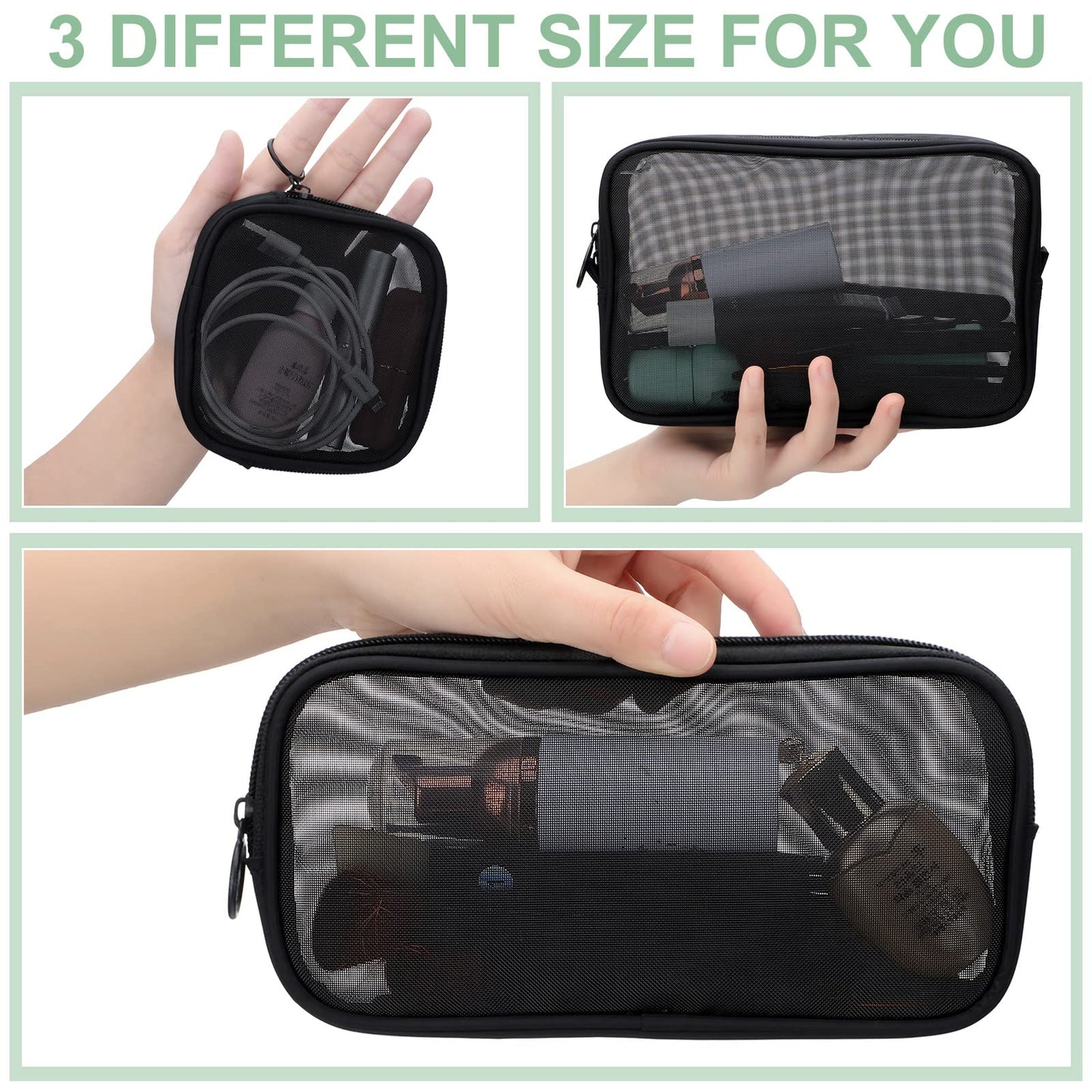 Weewooday 4 Pcs Mesh Makeup Bag Mesh Cosmetic Bag Travel Toiletry Pouch with Zipper Mini Makeup Cosmetic Purse for Daily Accessory(Small, Large, Medium,Black)